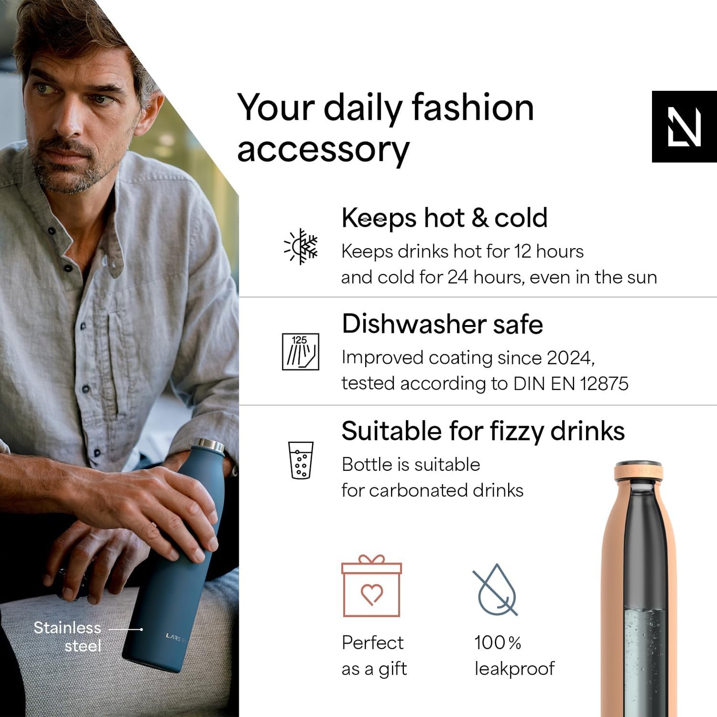 LARS NYSØM Stainless Steel Insulated Water Bottle 12oz 17oz 25oz 34oz 51oz | Insulated Thermo Flask for Hot and Cold Beverages | Leakproof Drinking Bottle (Creamy Peach, 33.9 oz)