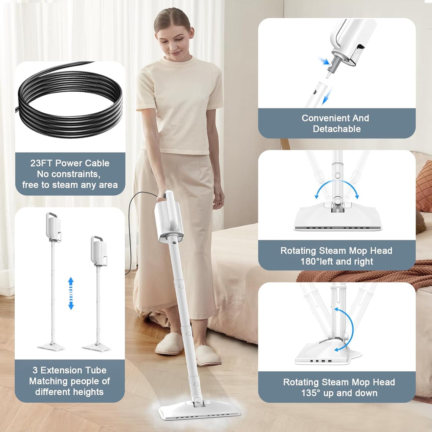 Steam Cleaner, 6 in1 Rotated Steam Mop Cleaner with 2 Modes, 2 Microfiber Pads, 400ML Removable Tank, 23FT Power Cable, Detachable Steam Mops for Floor, Laminate Floor, Tiles Cleaning (White)