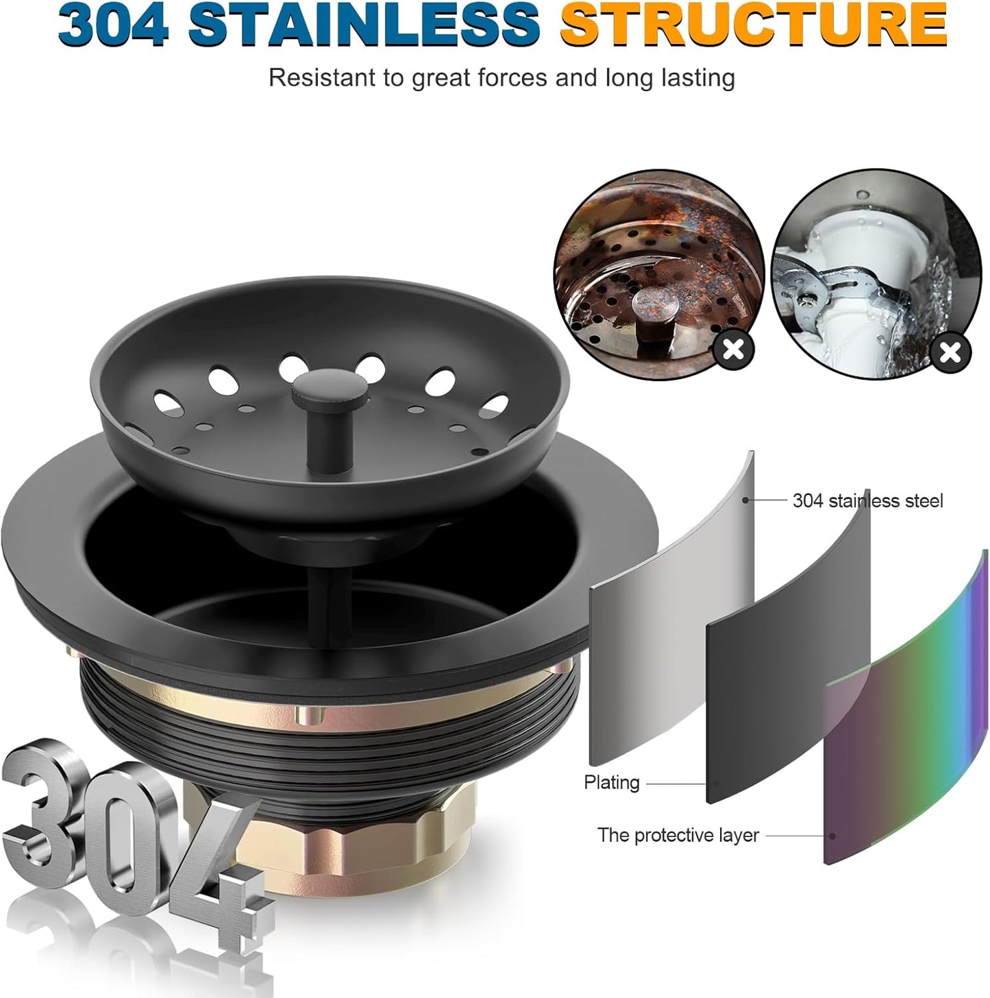 BOTEMY Stainless Steel Black Sink Drain Strainer Kit 3-1/2 inch Kitchen Drain Assembly with Metal Center Knob Basket Stopper Replacement for Standard Kitchen Sinks, Matte Black