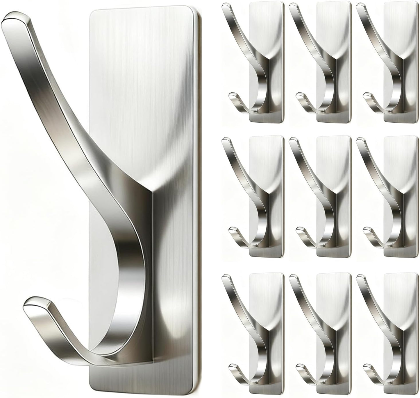 Self Adhesive Coat Hooks for Hanging: Heavy Duty Stainless Wall Hook for Towel, Backpack, Hat, Sturdy Metal Hanger for Bathroom, Bedroom, Door, Brushed Nickel 10 Pack
