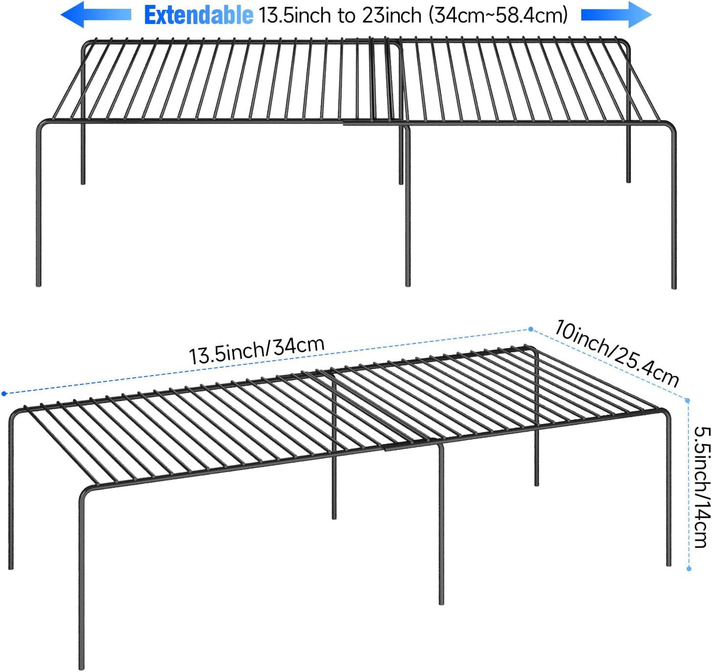 Expandable Storage Shelf, Pantry Organizers and Storage, Adjustable Rustproof Metal Wire Spice Rack, Space Saver Kitchen Storage Shelves for Pan, Pot, Countertop, Drawer, Fridge, Set of 6, Black