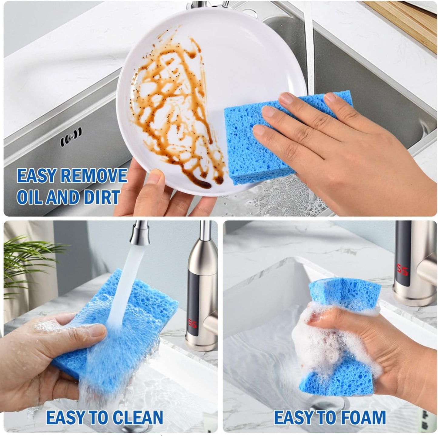 YoleShy 48 Pack Sponges Kitchen Natural Compressed Cellulose Sponges for Dishes Non Scratch for Household Cookware Bathroom Cars Soft Super Absorbent Reusable, Blue and Yellow