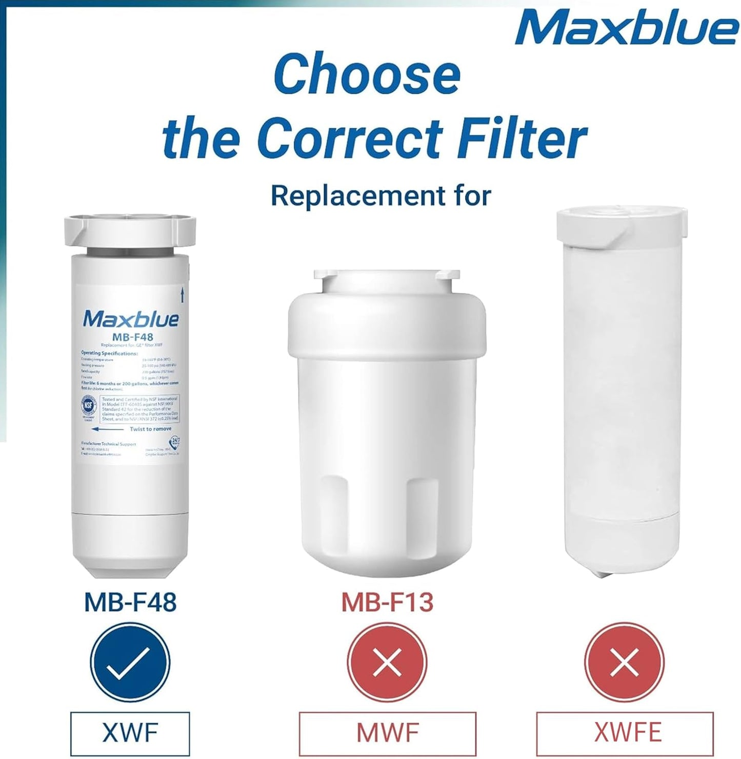 Maxblue XWF Replacement for GE® XWF, WR17X30702, NSF Certified Refrigerator Water Filter, 3 Filters (Not XWFE®)