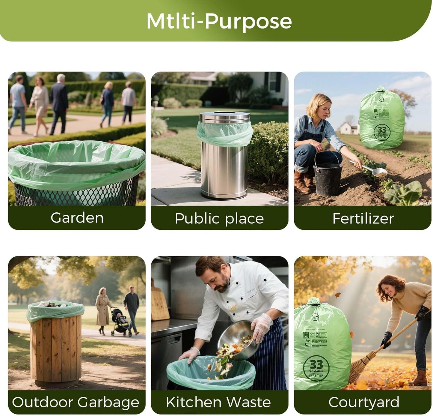 30-33 Gallon Compostable Trash Bags with Flat-Top, Heavy Duty Extra Thick 1.57 Mil, 124.92 Liter, 30 Bags, Large Lawn and Yard Waste Bag, ASTM D6400, US BPI and OK Compost Home Certified