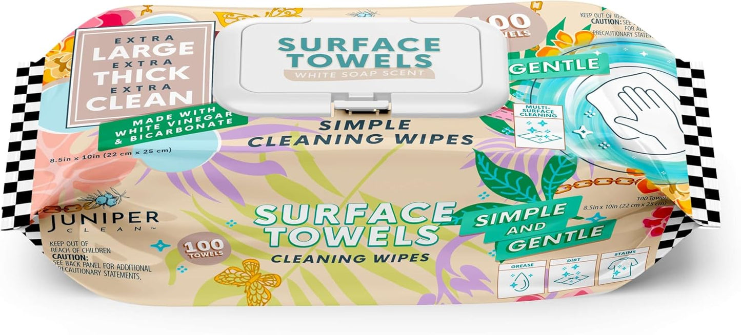 Single Surface Cleaning Wipes, Thick & Large Dispose, All-Purpose Cleaner for Bathroom, Kitchen, Office, 100 Count Soft Flow, Biodegradable, White Soap Scent