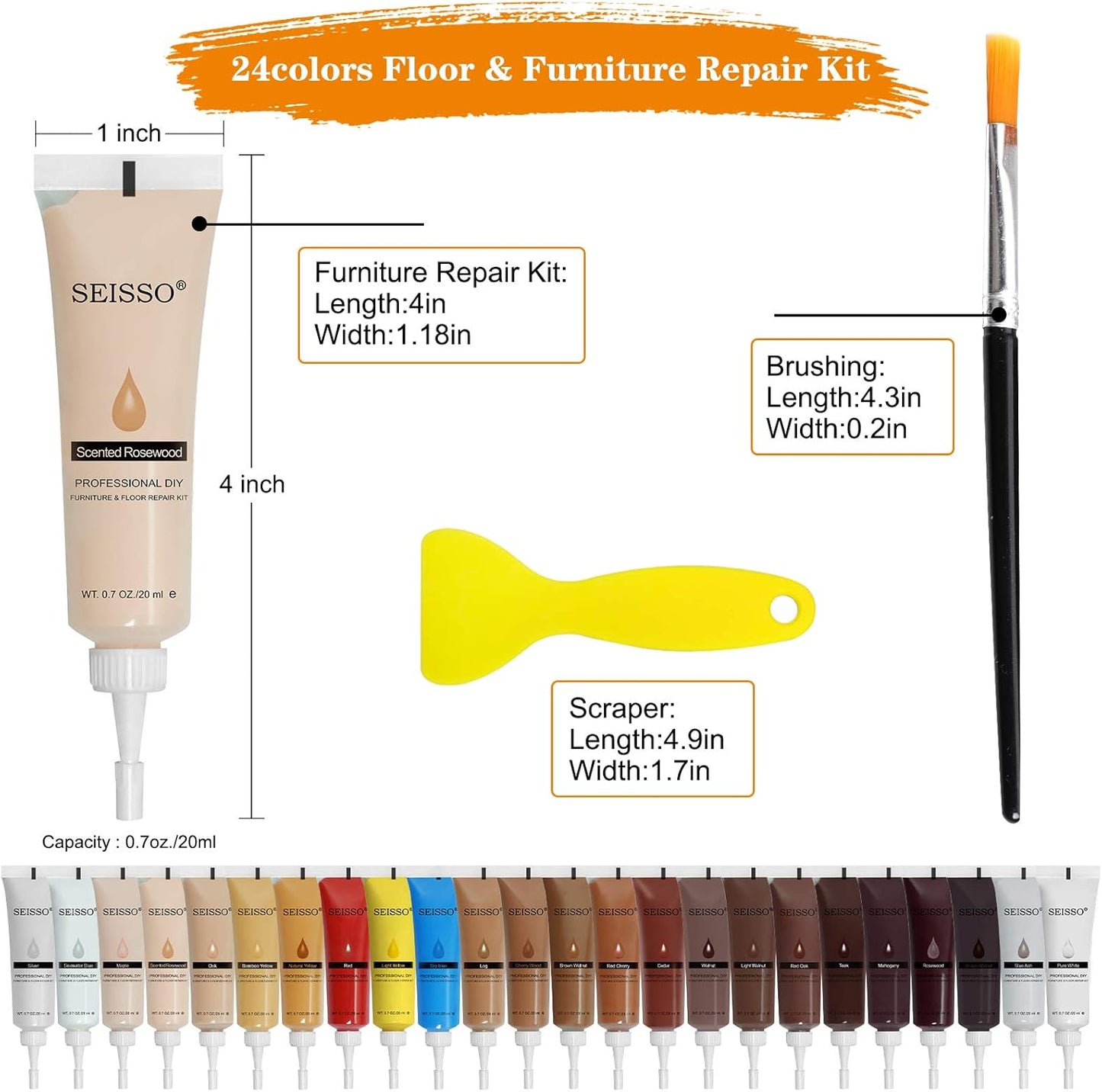 SEISSO Furniture Repair Kit 50 Pcs, 24 Colors Wood Fillers, Wood Paint, Wood Repair Kit, Wood Touch up Fillers Repair Scratches, Discoloration, Cracks, Stains, for Wooden Tables, Cabinet, Floors, Door