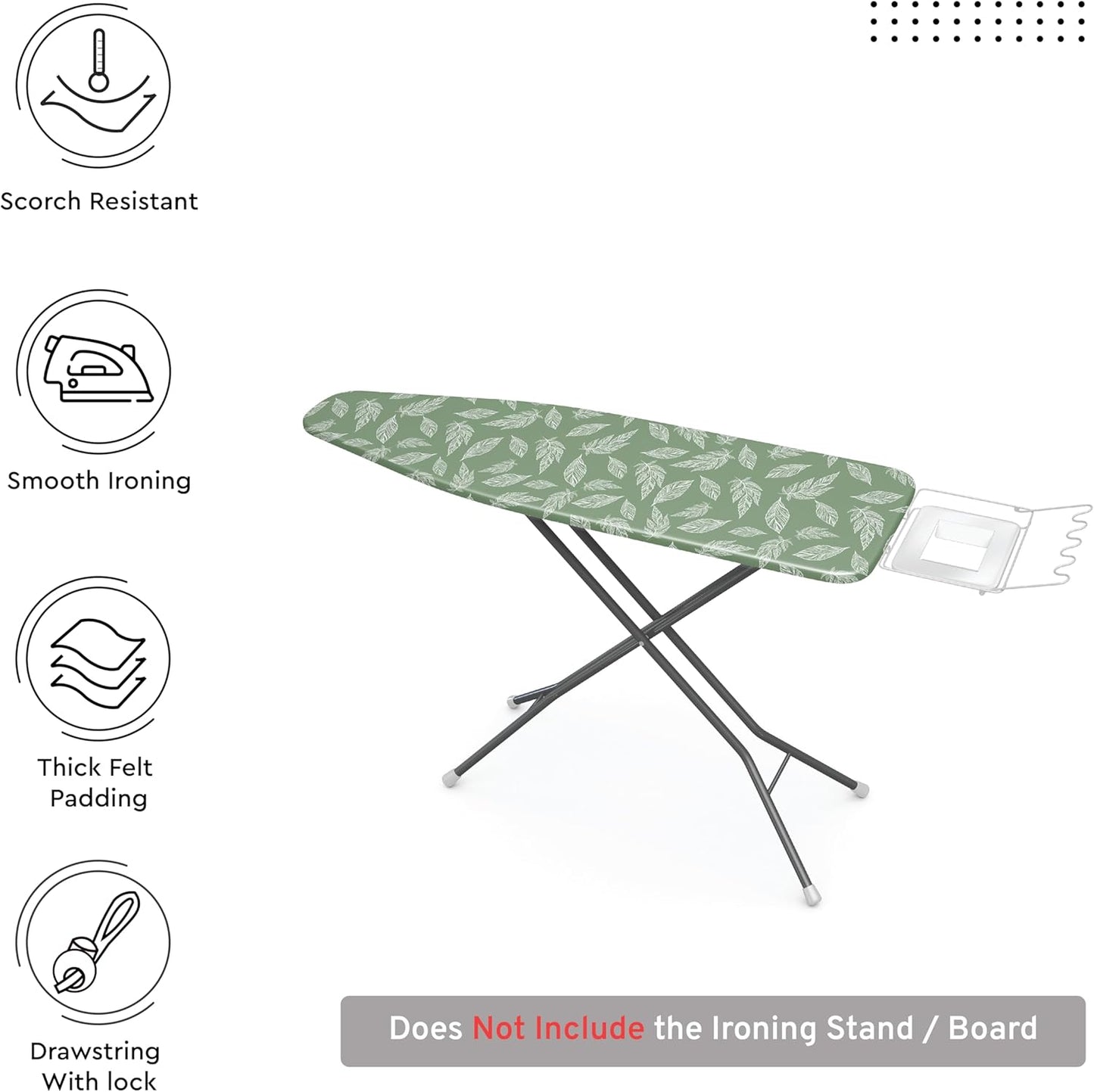 Encasa XO Ironing Board Cover and Pad 54"x15" - Thick 3mm Felt Padding, Drawstring Tightening & Lock, Easy Fit, Scorch & Stain Resistant, Fits Standard Large Ironing Board - Big Leaves Green