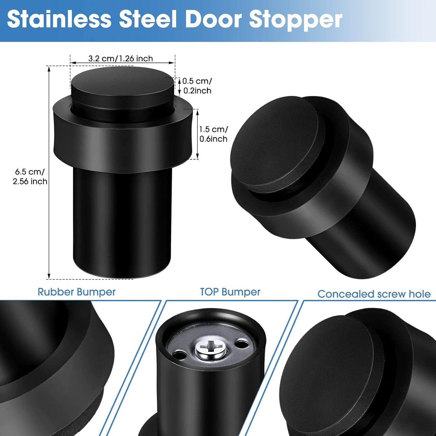 Chumia 6 Pcs Door Stopper Mounted Floor Stops Stainless Steel Cylindrical Stopper Modern Decorative Rubber Bumper Stops Holder Wall Protector for Bottom or Top of Door (Black)