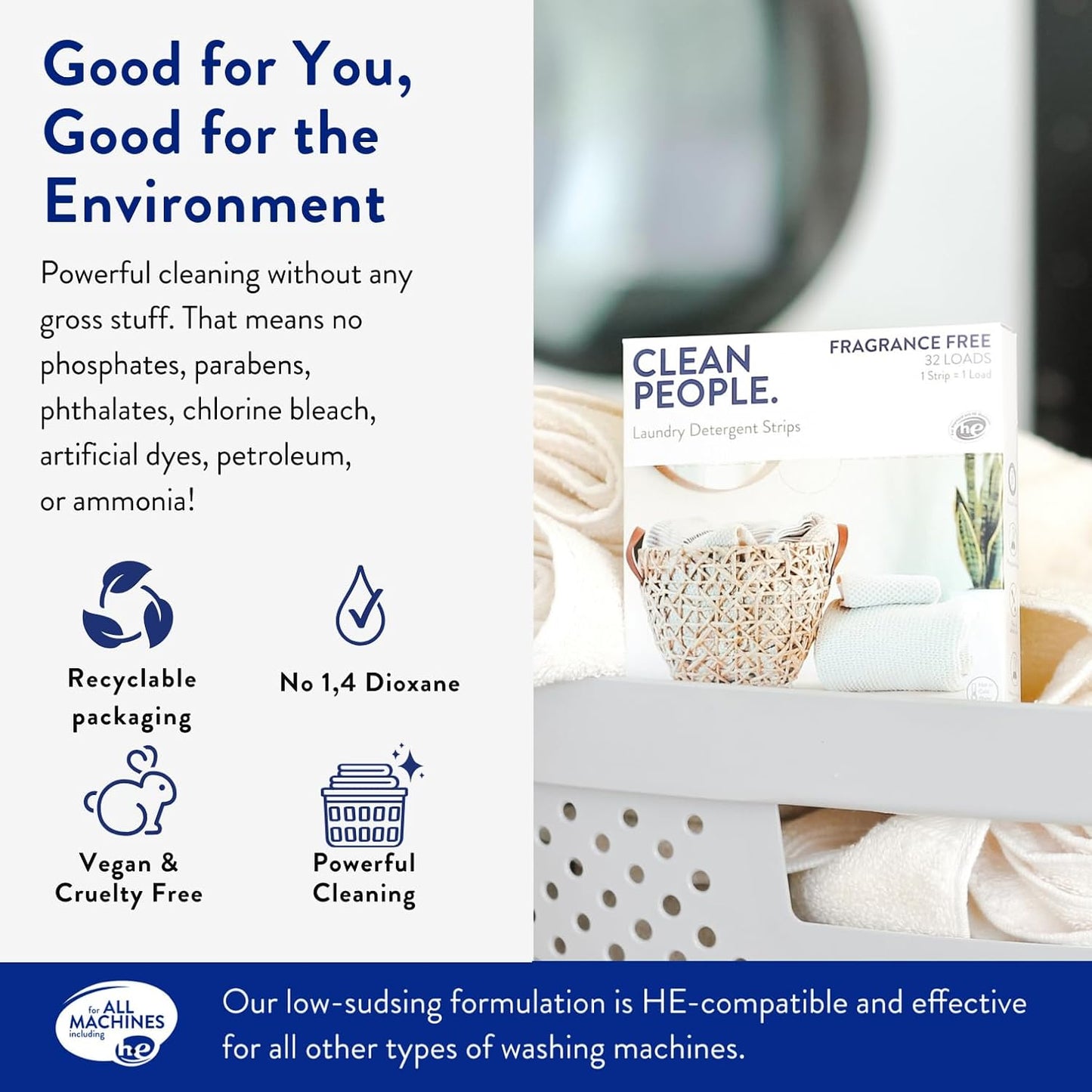 The Clean People Fragrance Free Laundry Detergent Sheets - Laundry Soap - Ultra Concentrated, Recyclable Packaging, Stain Fighting - Fragrance Free, 32 Pack