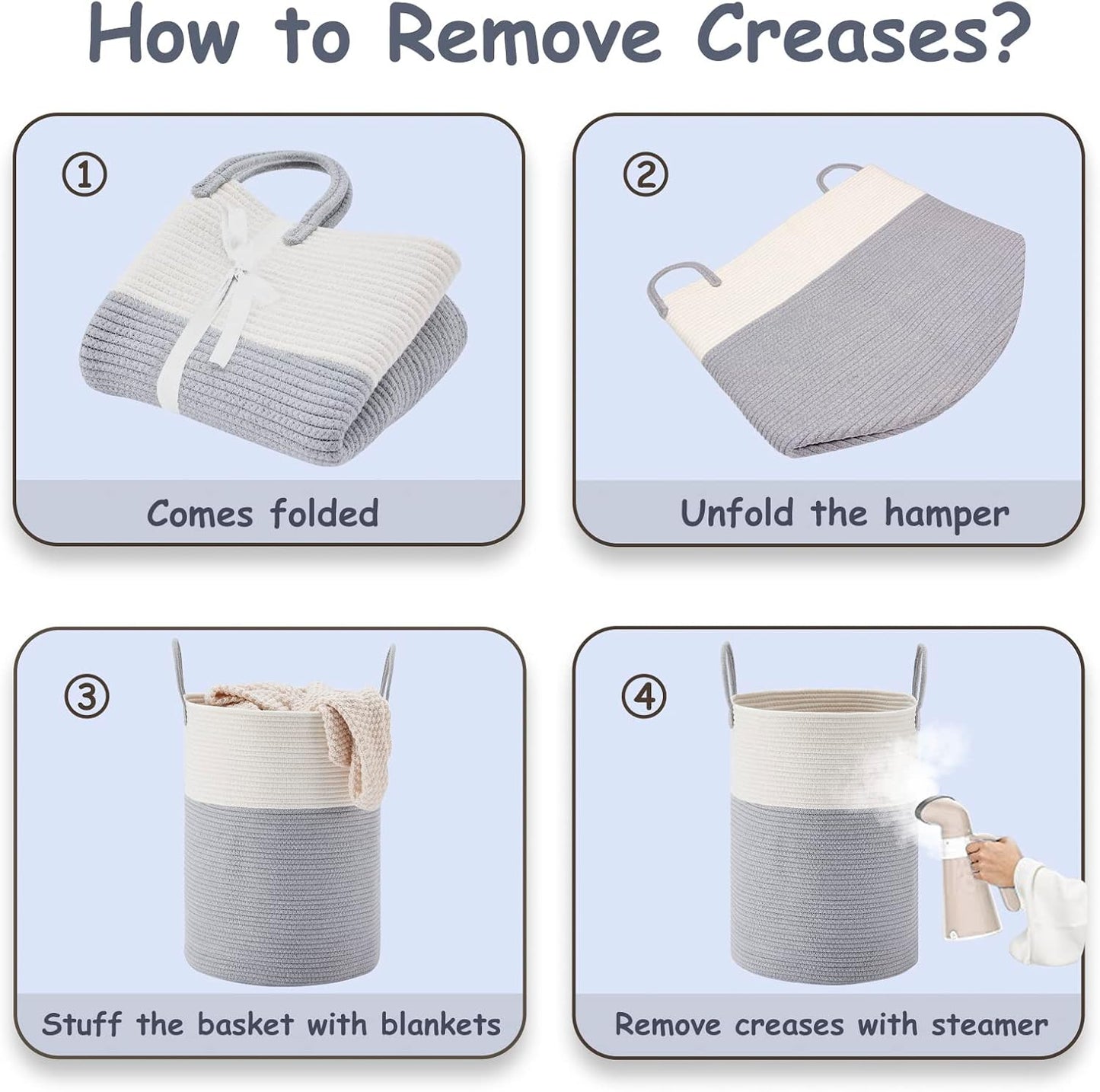 VIPOSCO Large Laundry Hamper, Tall Woven Rope Storage Basket for Blanket, Toys, Dirty Clothes in Living Room, Bathroom, Bedroom - 58L Grey & White