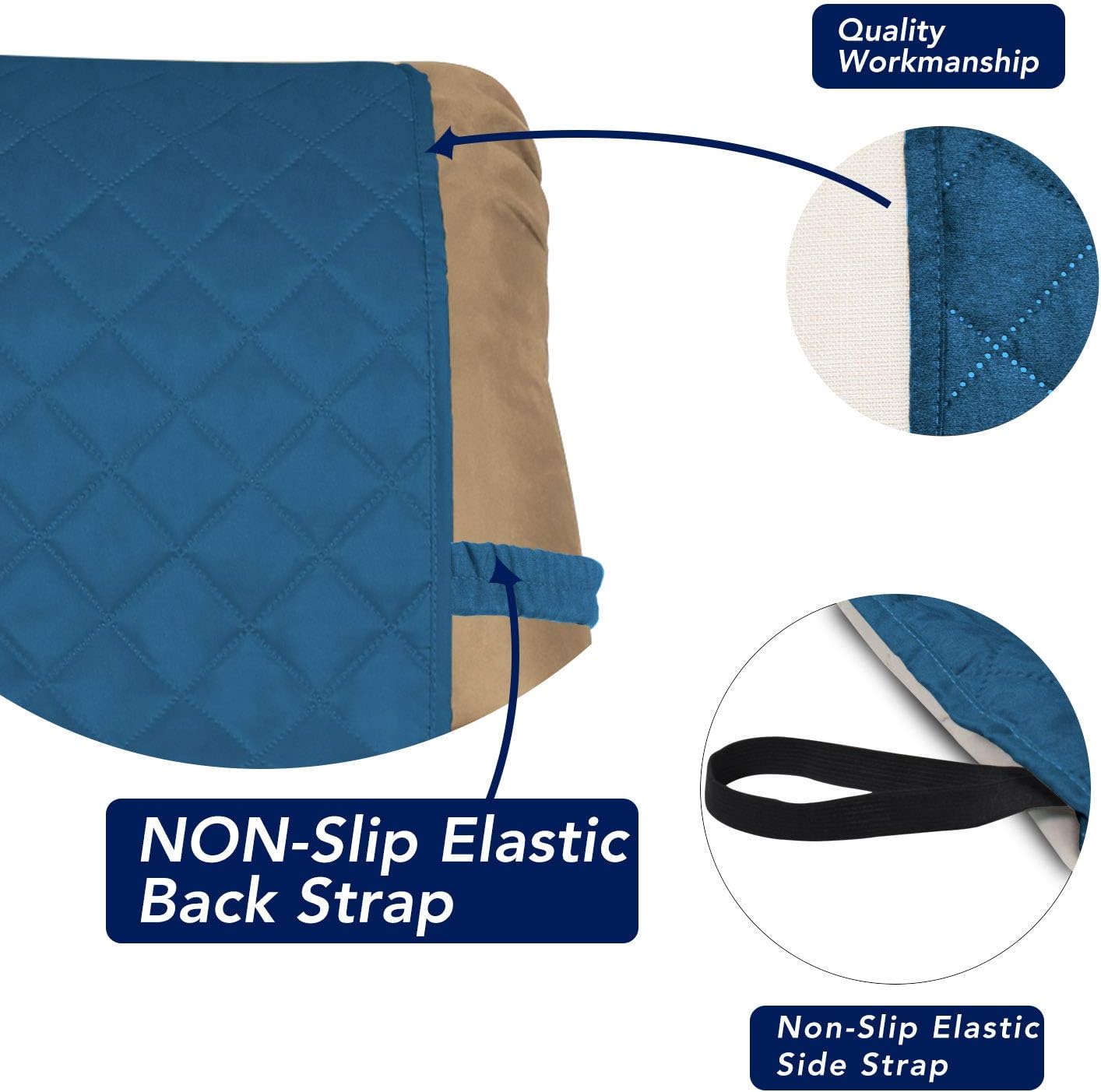PureFit Reversible Quilted Sofa Cover, Water Resistant Slipcover Furniture Protector, Washable Couch Cover with Non Slip and Elastic Straps for Kids, Dogs, Pets (Small Recliner, Peacock Blue/Beige)