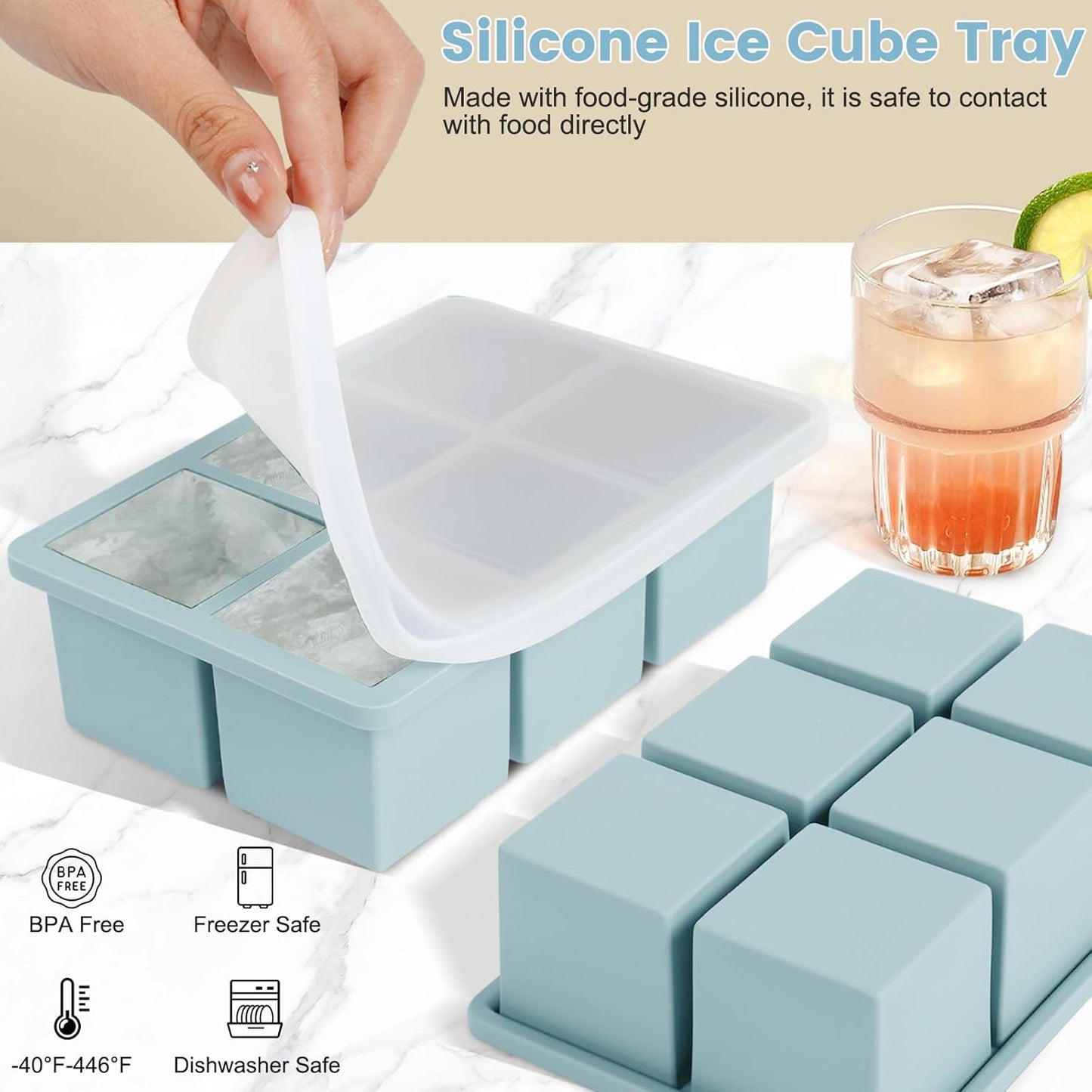 Large Silicone Ice Cube Tray 3Pack, SAWNZC Big Square Ice Cube Molds for Whisky Cocktail, Ice Maker Tray with Lid for Freezer, Easy Release (2, Blue)
