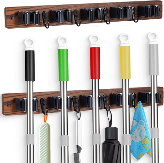 2 PACK Broom Holder Wall Mount With 5 Slots & 4 Hooks，Rustic Wood Broom & Mop Hanger，Wall Mounted Garden & Garage Tool Storage Organizer Rack for Closet Laundry Room or Kitchen Wall Decor