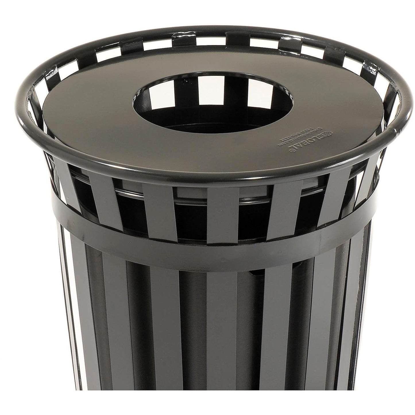 Global Industrial 36 Gallon Outdoor Slatted Steel Round Trash Can with Flat Lid, Plastic Liner & Anchor Kit Included, 28" W x 36" H, Commercial & Industrial Trash Can, Black