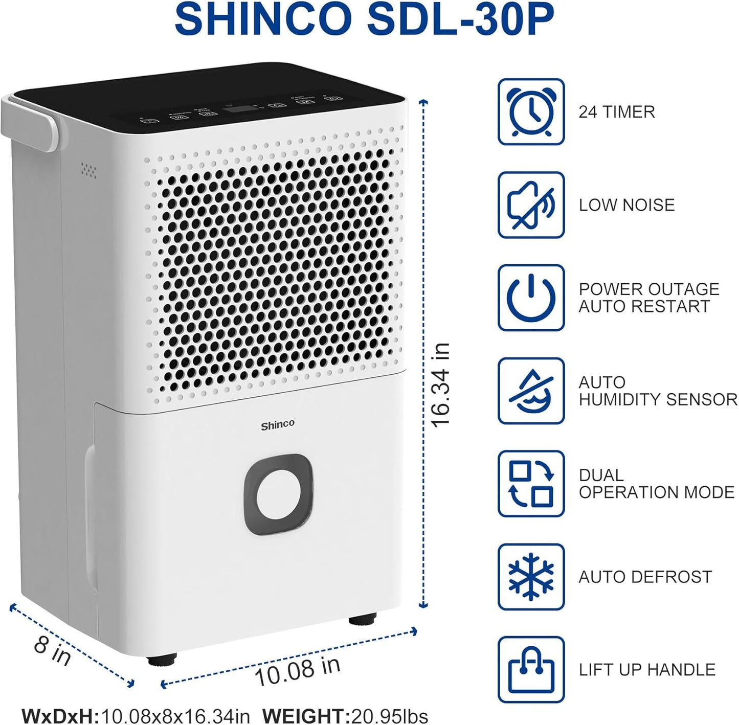 Shinco 30 Pints Dehumidifier for Home and Basements, 1500 Sq.Ft Dehumidifiers with Drain Hose, Auto or Manual Drainage, Auto Defrost, Quietly Remove Moisture, Activated Carbon Filter, 24HR Timer