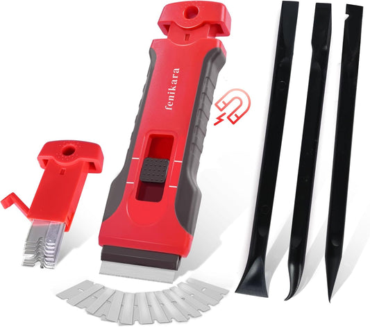 Upgraded Extractable & Magnetic Razor Blade Scraper Tool with 3PCS Plastic Razor Blade Scraper, Razor Scraper with 10 Extra Blades, Cleaning plastic Scraper Tool, sticker, Window, Glass Scraper