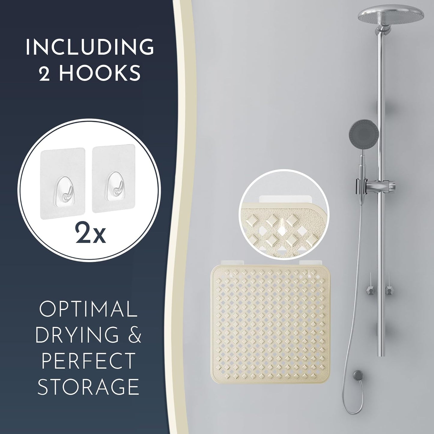 Homerella Anti Slip Shower Mat | Anti Mold Non Slip Bathtub Mat for Inside Shower | Square Floor Shower Mat 21 x 21 inch with Suction Cups for Grip & Hooks Hanging and Quick Drying | Machine Washable