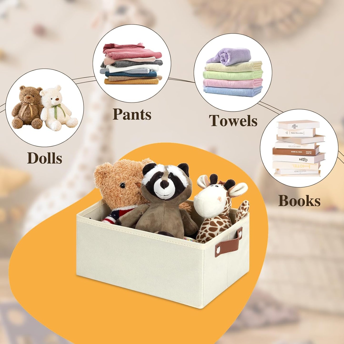 DULLEMELO Fabric Storage Bin with PU Handles, Decorative Basket and Organizer, Collapsible Bin for Toy and Clothes Storage (Light Beige, 11.8L*7.9W*5.1H)