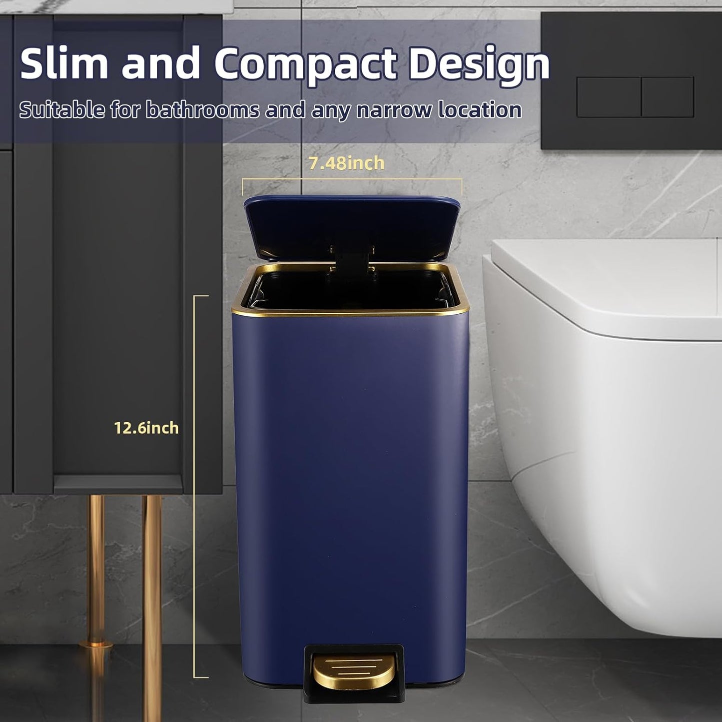 Small Bathroom Trash Can with Lid Soft Close, 1.8 Gallon Stainless Steel Garbage Can with Removable Inner Bucket,3PCS Soap Dispenser,75Count Trash Bag, Slim Step Pedal Trash Bins