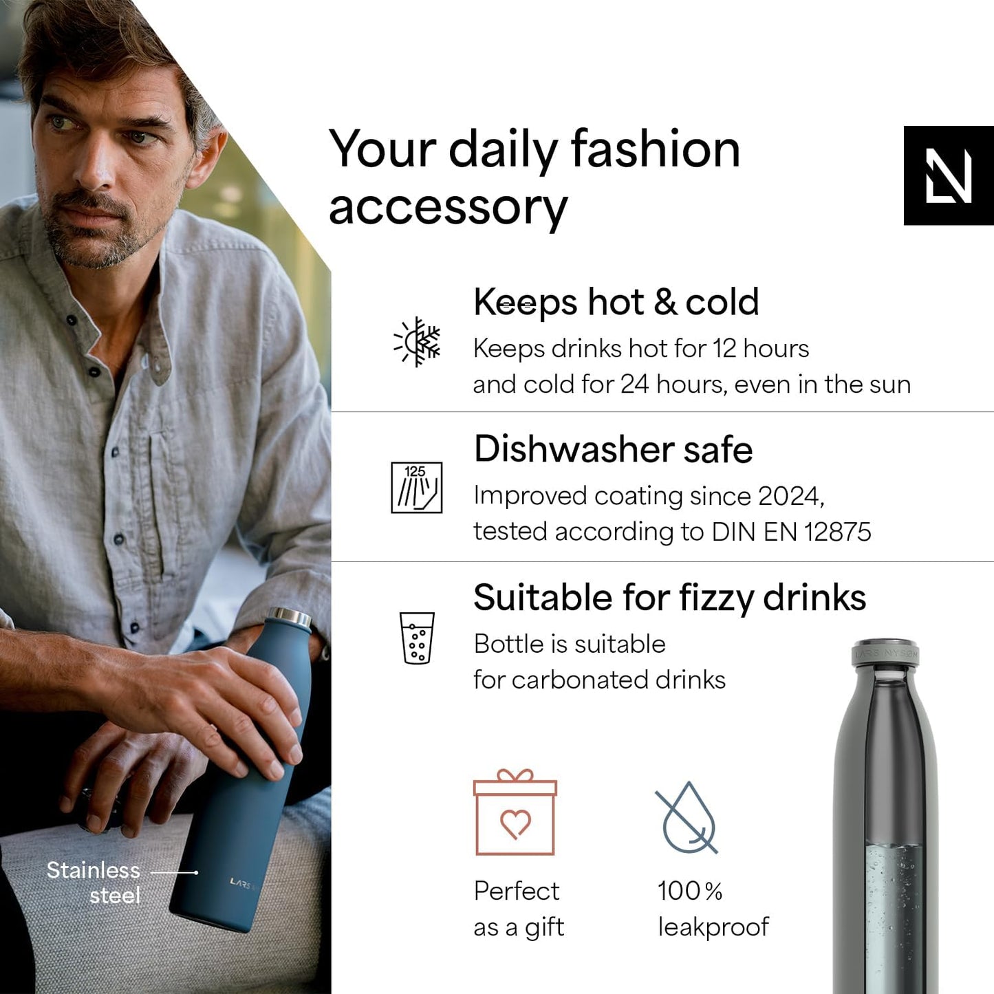 LARS NYSØM Stainless Steel Insulated Water Bottle 12oz 17oz 25oz 34oz 51oz | Insulated Thermo Flask for Hot and Cold Beverages | Leakproof Drinking Bottle (Ash Gray, 33.9 oz)