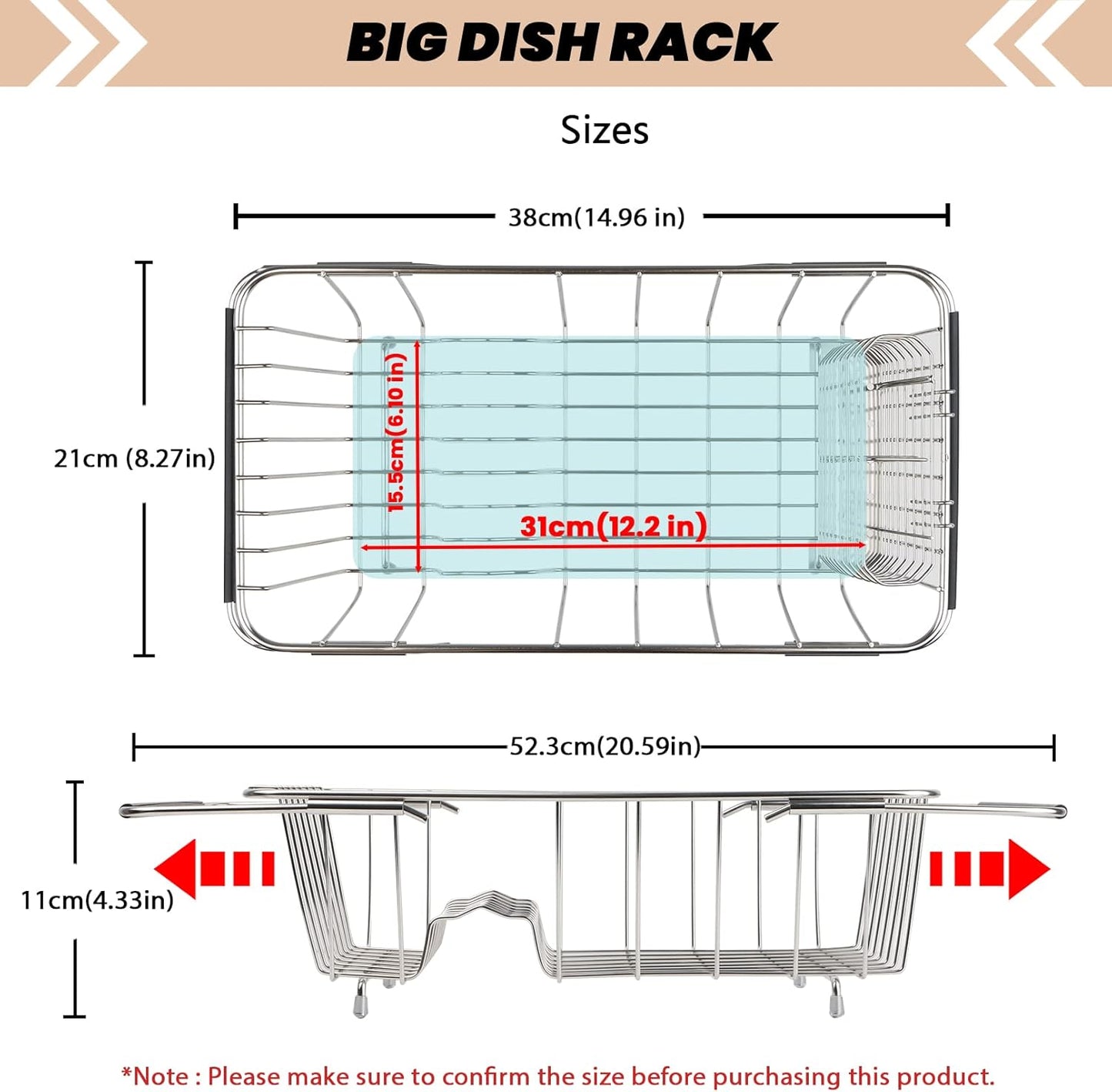 Sink Dish Drainer Rack, Expandable 304 Stainless Steel Dish Drying Rack Organizer with Stainless Steel Utensil Rack, Adjustable 14.96" to 20.59" Inside The Sink (up to 7 Upright Utensils).