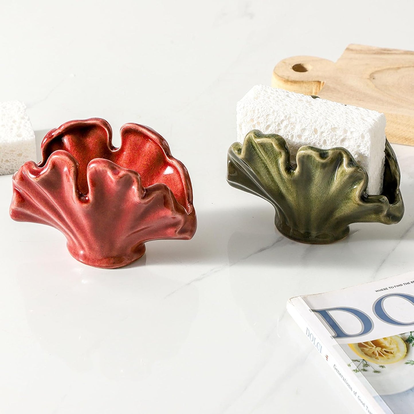 Ceramic Sponge Holder,Sponge Holder for Kitchen Sink,Compact Sink Caddy Organizer-Scouring Pad and Dish Sponge Holders,Farmhouse Kitchens Decor Cute Kitchen Gadgets Accessories(Red)