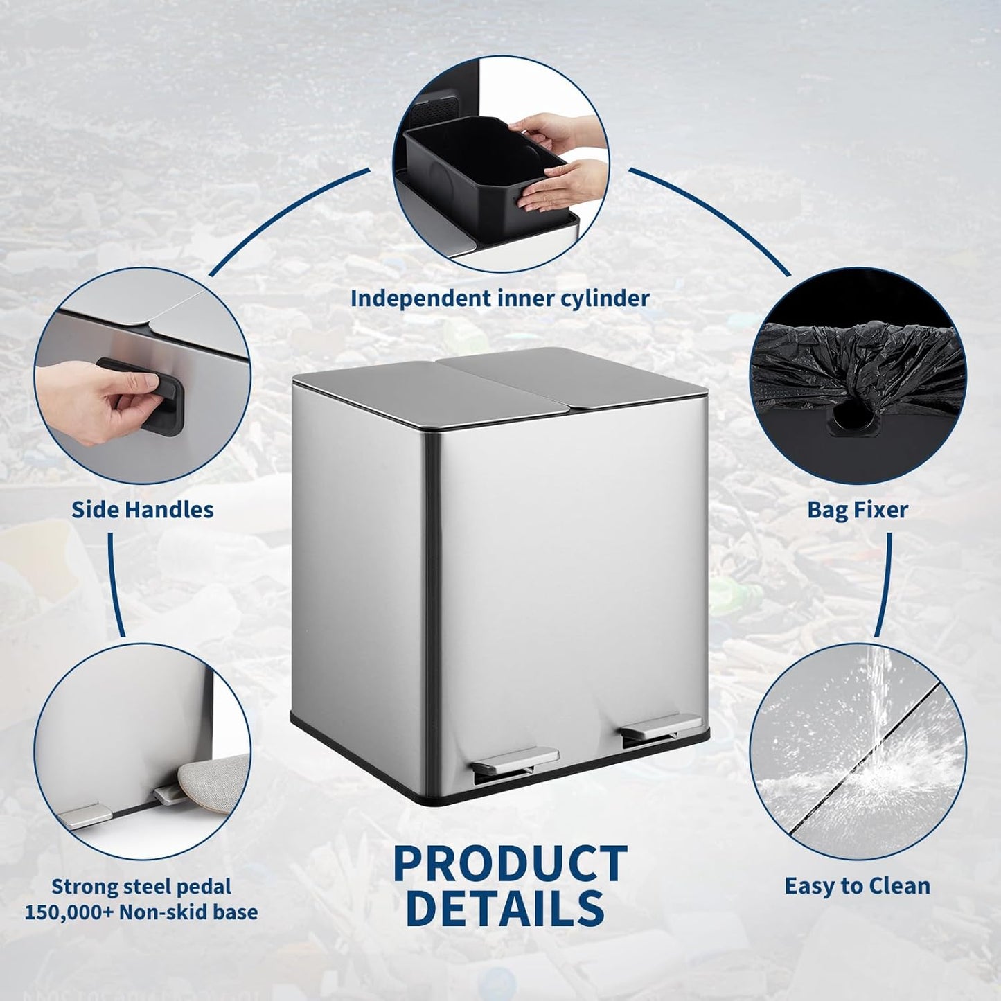 GarveeHome Dual Trash Can, 2x4 Gallon (2x15L) Stainless Steel Step Trash Can, Rectangular Garbage Can for Kitchen, Office with 2 Compartments, Removable Inner Buckets, Soft-Close Lid, Silver