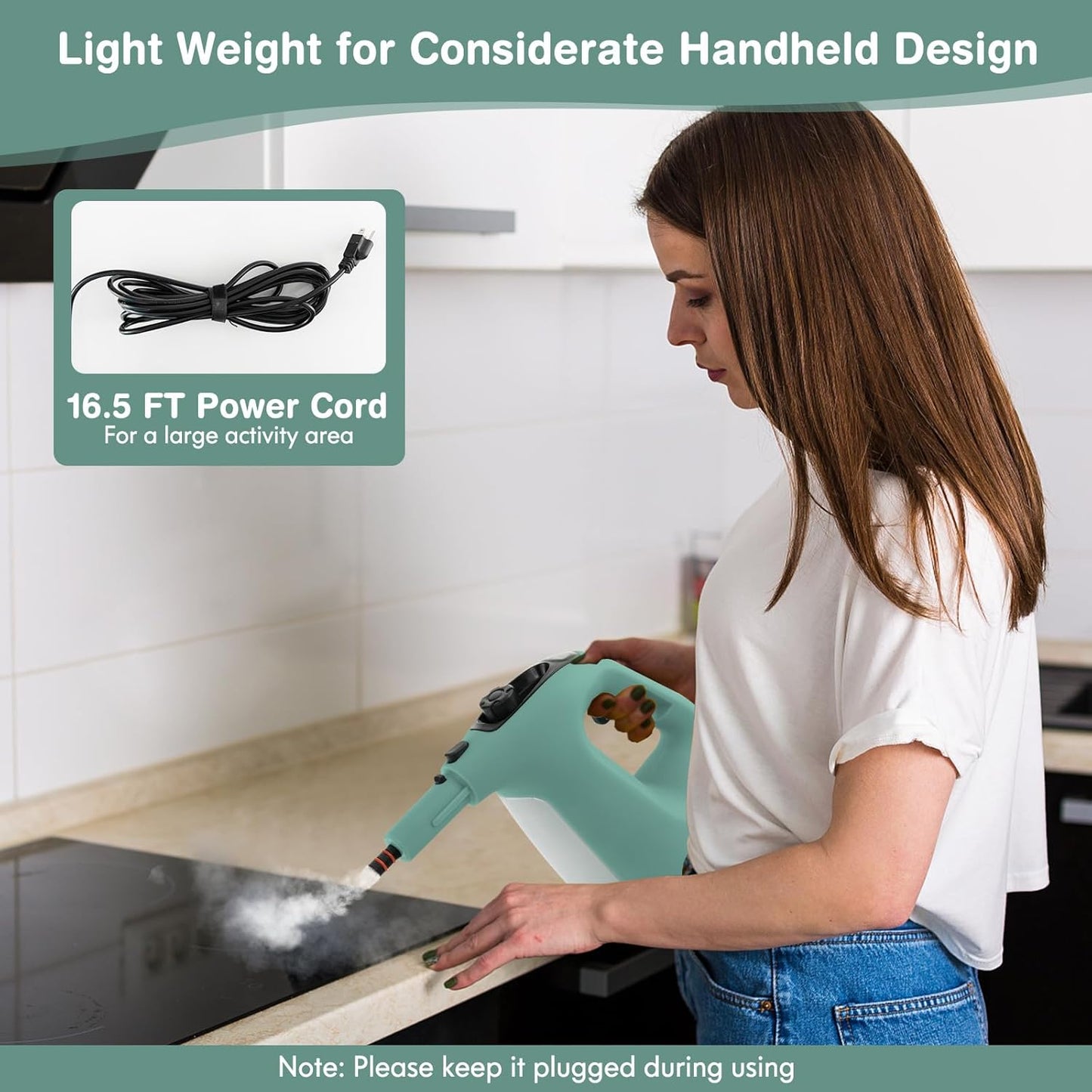 COSTWAY Handheld MultiPurpose Steam Cleaner with 17 Pieces, 350ml Large Capacity Steam Mop Continuous Fill water, Portable Chemical-Free Steamer for Home Use, Floors, Windows, 1400W, Green