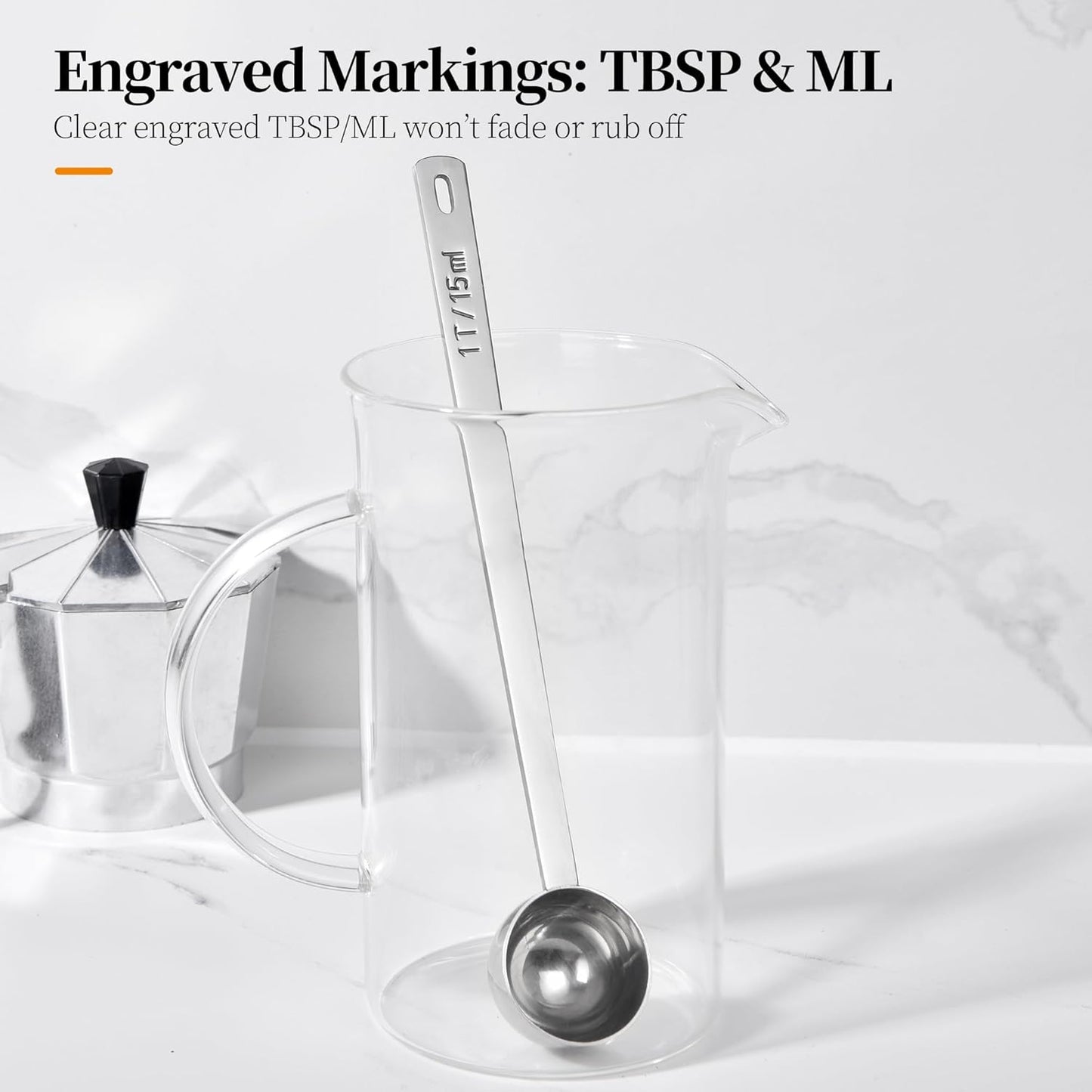 Long Handle Coffee Scoop: 8.3 Inch 18/8 Stainless Steel 1 Tablespoon Metal Measuring Spoon Tbsp Scoop for Coffee Beans, Grounds Coffee, Coffee Powder, Tea, Tall Jars (1Tbsp/15ml)