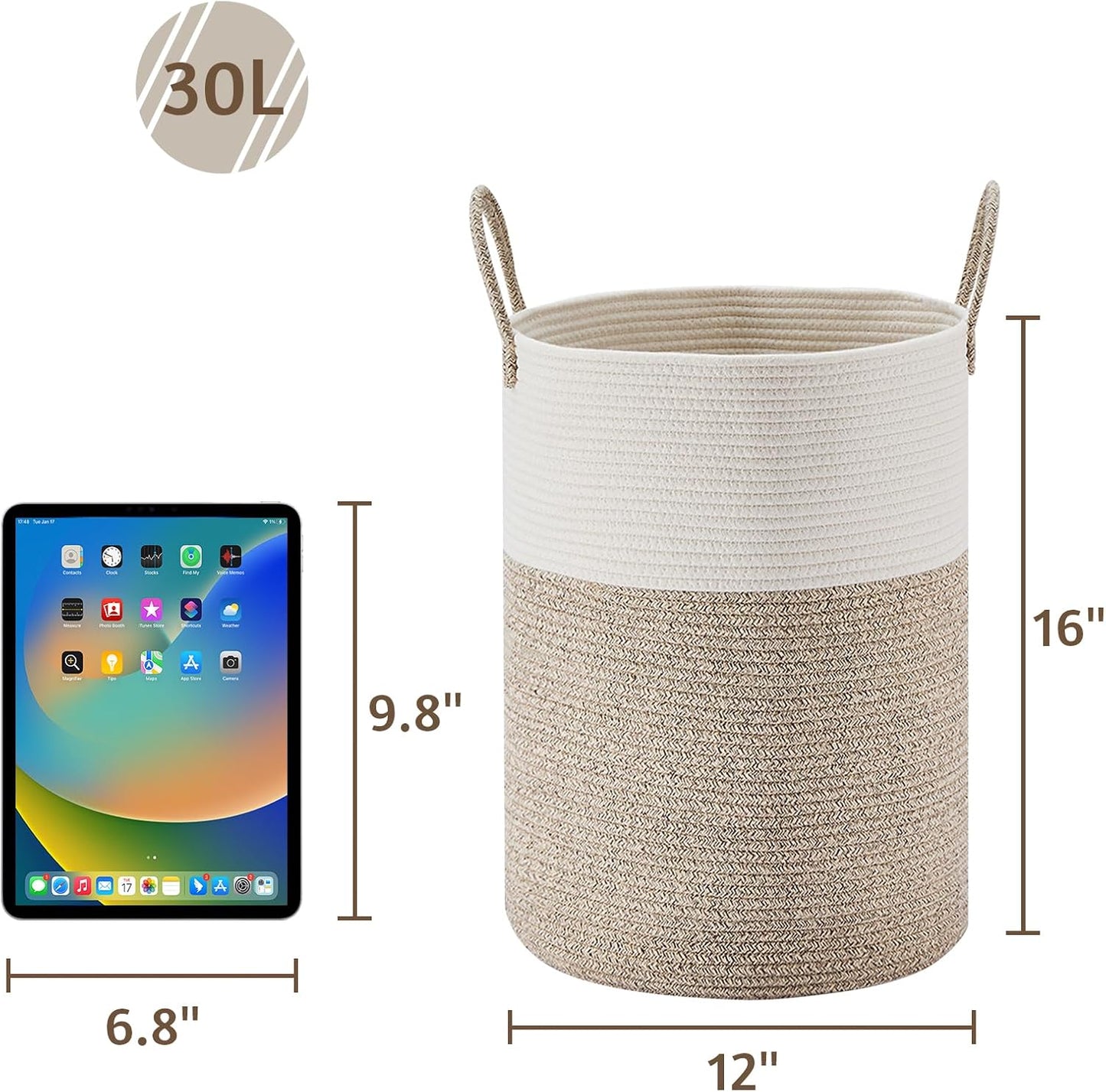 VIPOSCO Tall Laundry Hamper, Woven Rope Storage Basket for Blanket, Toys, Dirty Clothes in Living Room, Bathroom, Bedroom - 30L White & Brown