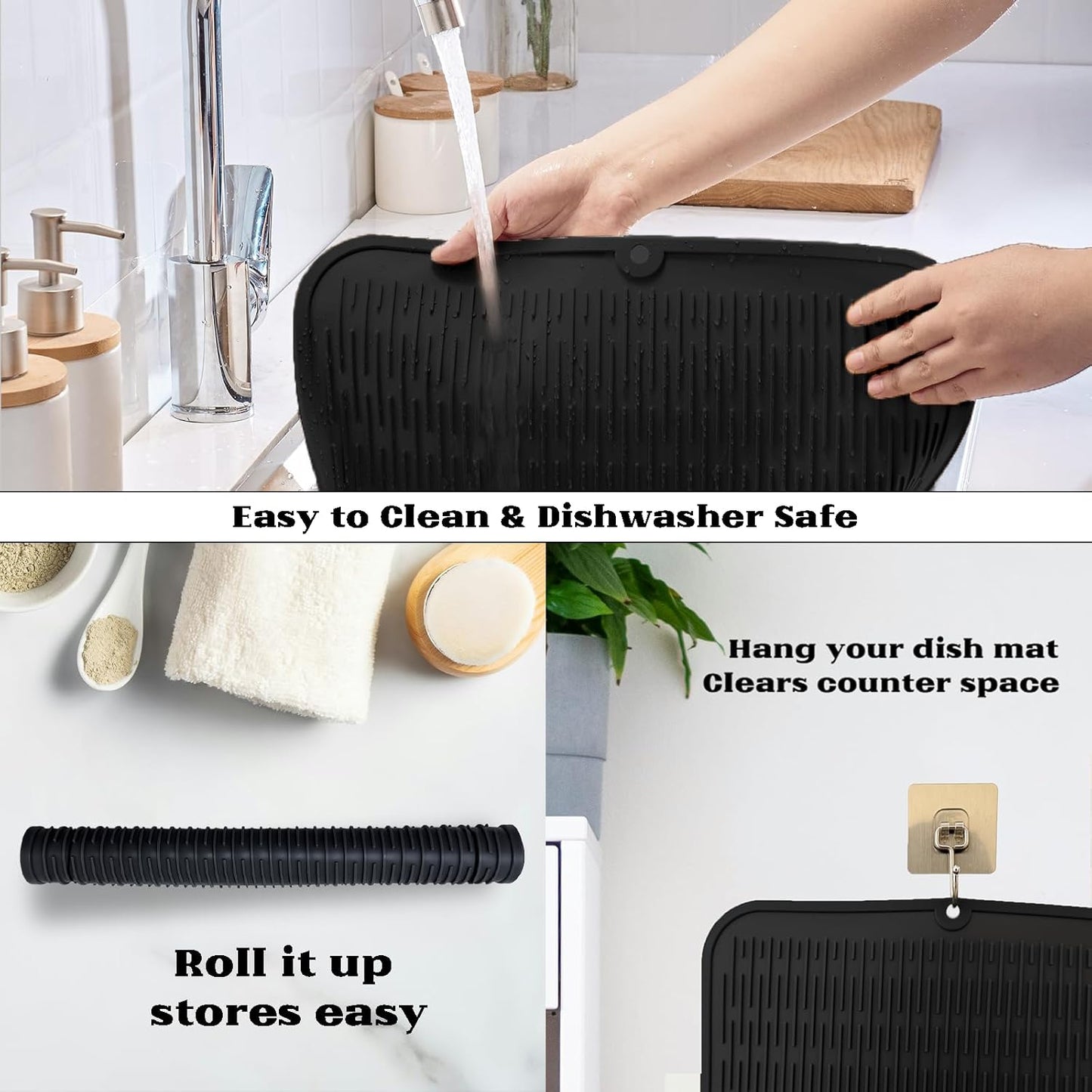 ZLR Silicone Dish Drying Mat for Kitchen Counter, Eco-Friendly Fast Dry Dish Mat, Easy Clean Multi Usage Drying Matt, Heat Resistant Trivet, 16" x 18" XL, Black