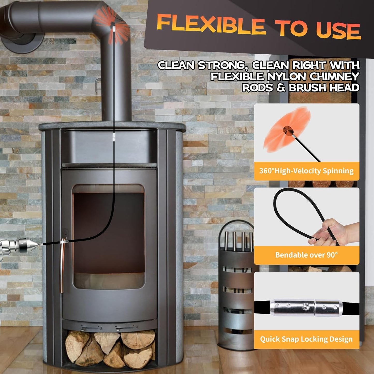 20 Feet Chimney Sweep Kit, Chimney Cleaning Kit with 6 Flexible Black Chimney Rods, Chimney Brush, Rotary Chimney Cleaning System Driven by Drill