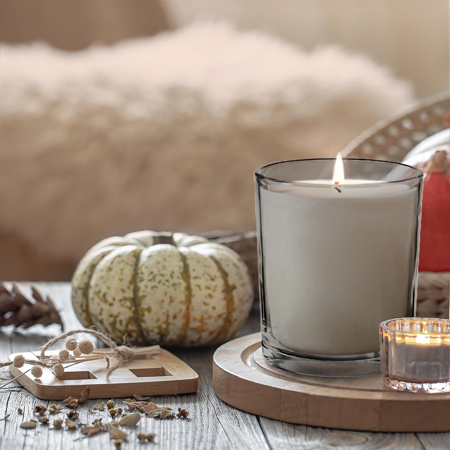 14 OZ Thick Candle Jars for Making Candles 12 Pcs, 3 Wick Empty Jars with Wood Lids for Candle Making, Sample Container,Clear Grey