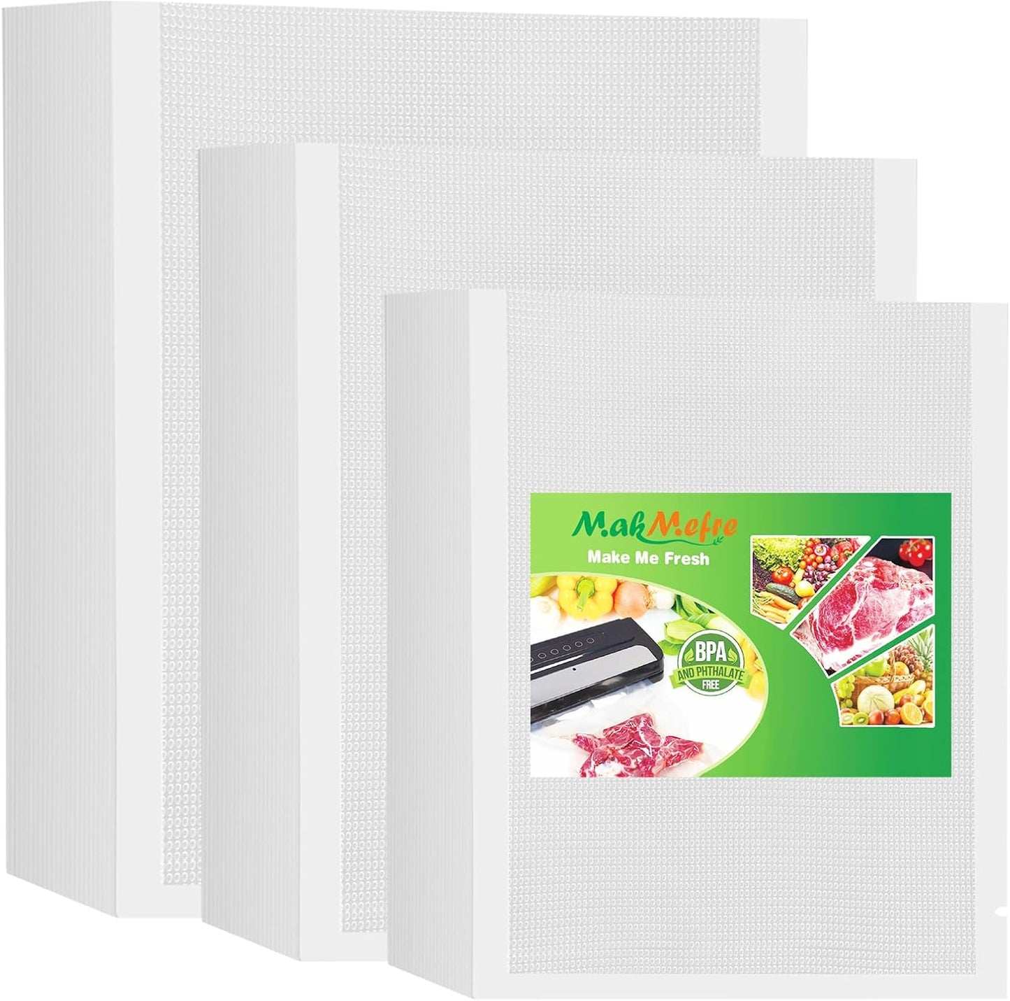 MakMeFre 150 Count Vacuum Sealer Bags 50 of Each Size 50 Pint 6"X10",50 Quart 8"X12"and 50 Gallon11"X16" BPA Free Sous Vide Seal a Meal Vaccume Seal Pre-Cut Combo Pack Bag