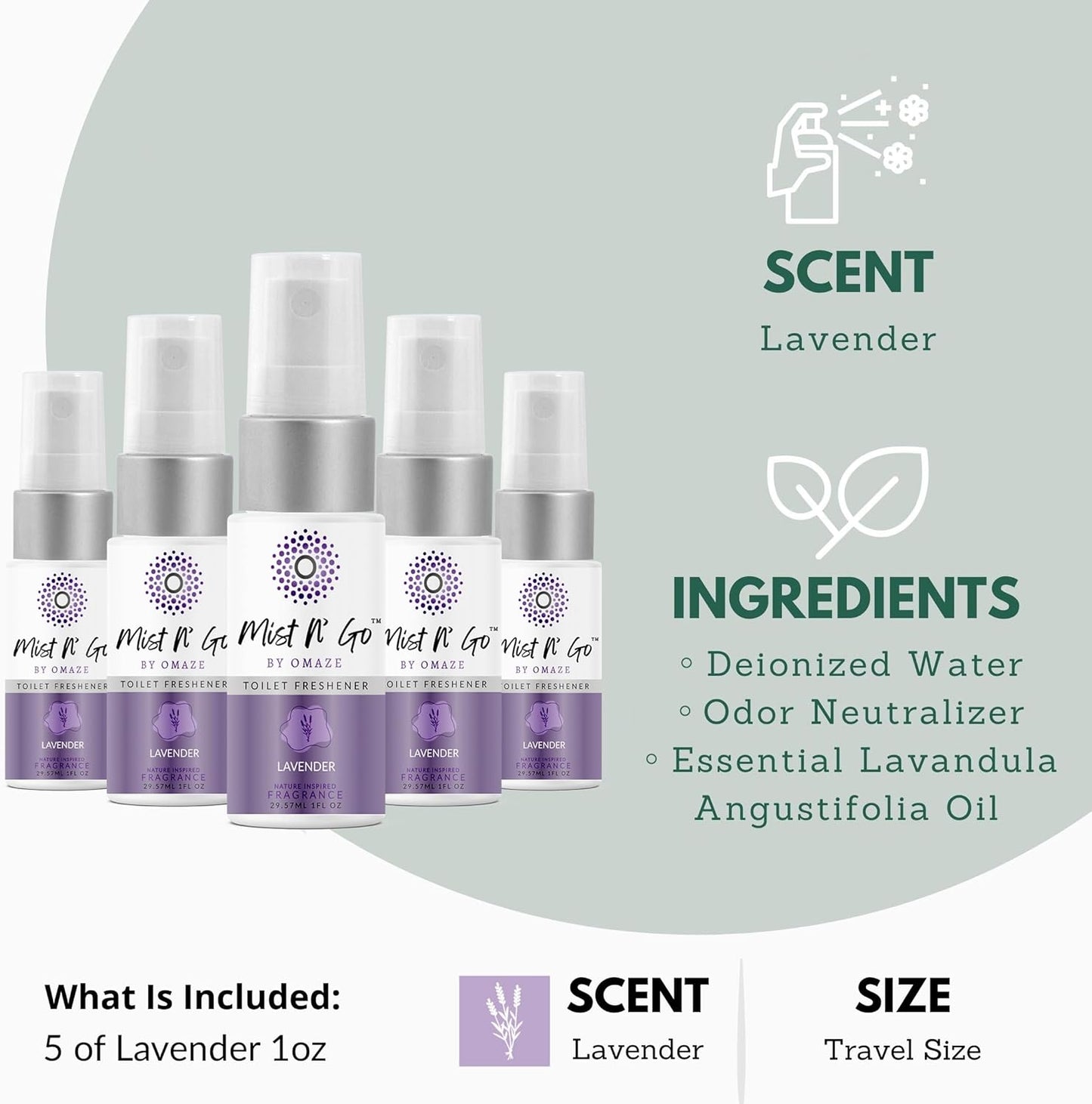 Mist N’ Go by Omaze Travel Bathroom Spray for Toilet Spray Odor Eliminator - Travel Toilet Spray for Bathroom Air Freshener Spray for Bathroom Deodorizer - Lavender Travel Size (1oz x5)