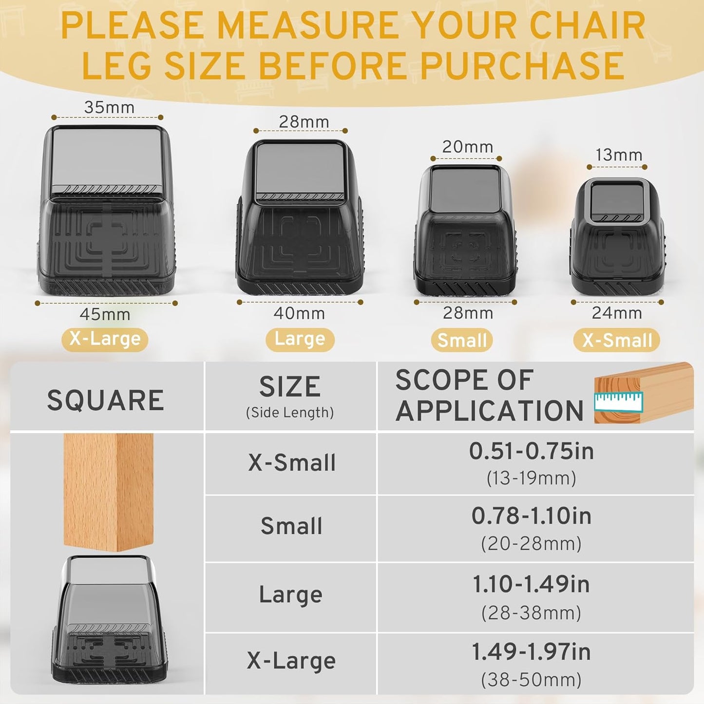 24PCS Extra Small Chair Leg Floor Protectors, Furniture Sliders, Chair Leg Protectors for Hardwood Floors, Non-Slip Felt Furniture Pads, Square Silicone Cap Covers to Protect Floors(Fit 0.5" - 0.75")