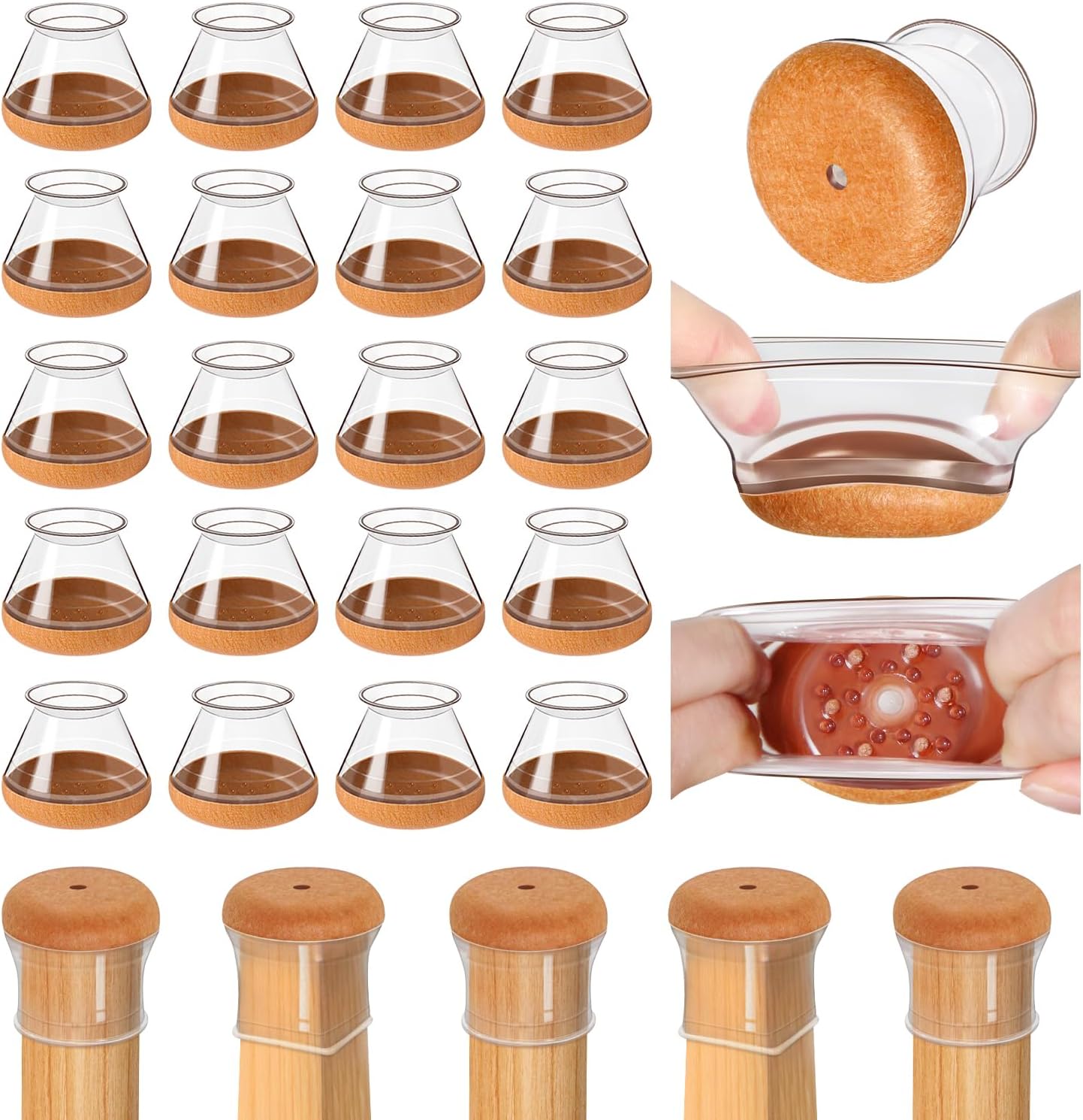 OCONDA 20 Pcs Chair Leg Floor Protectors for Hardwood Floors, Clear Rubber Furniture Sliders with Felt, Silicone Furniture Leg Caps Covers, Fit Round Diameter (0.8''-1.2'')