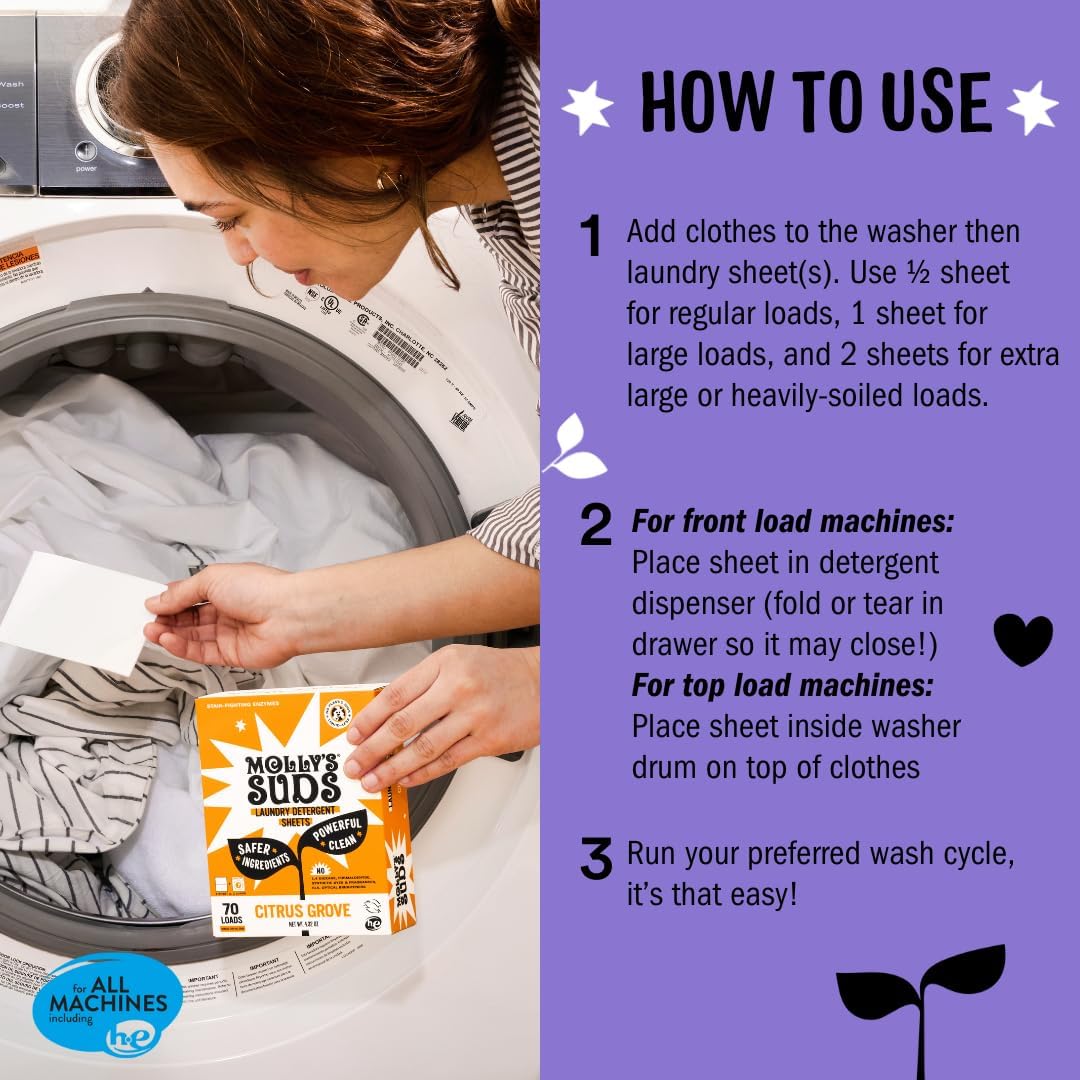 Molly’s Suds Laundry Detergent Sheets | Gentle on Sensitive Skin, Powerful Bio-Based Enzymes, Stain-Fighting | Liquidless & Plastic-Free Packaging | 120 Loads (Lavender)