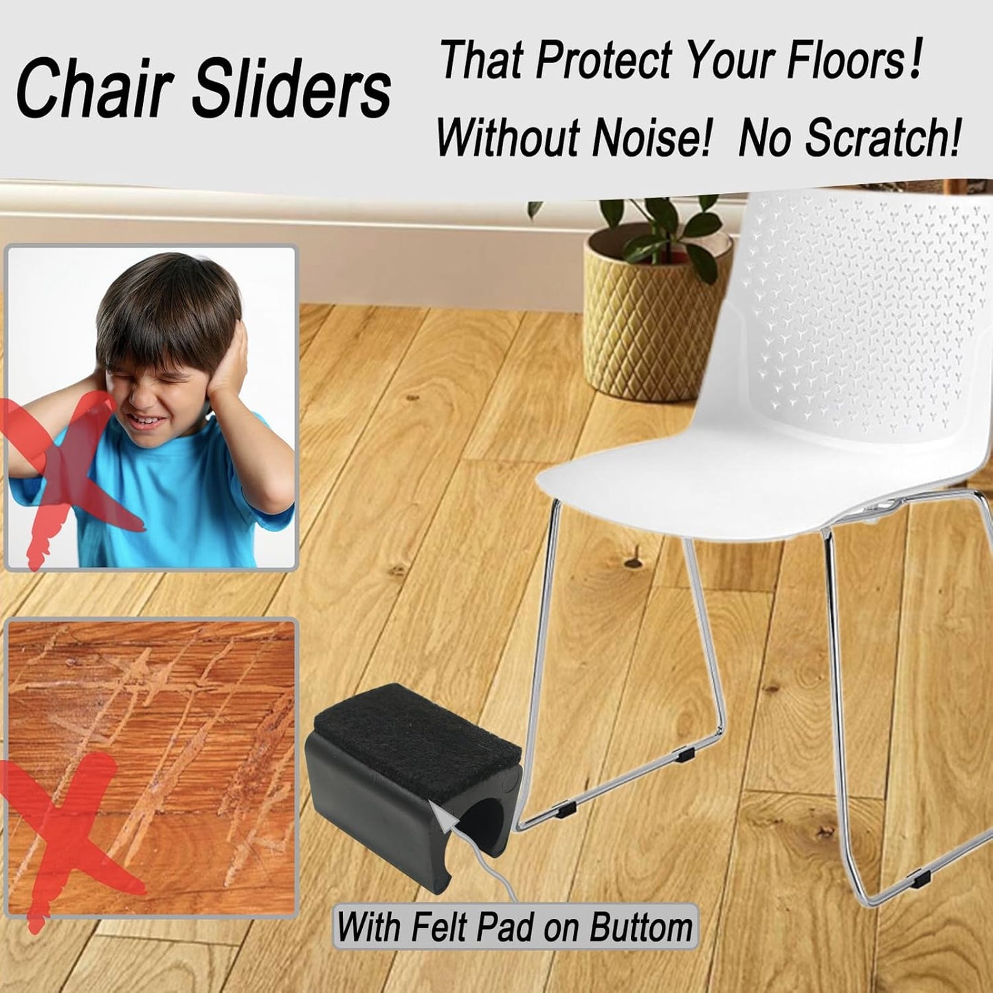 Rectangle U Shaped Chair Leg Tips Cap with Felt Pads,Furniture Feet Protectors Slide Smoothly Glides,Protect Hardwood Floor No Scratches No Noise,Fit 16mm(5/8inch) Diameter Tubular Legs (Black 8PCS)