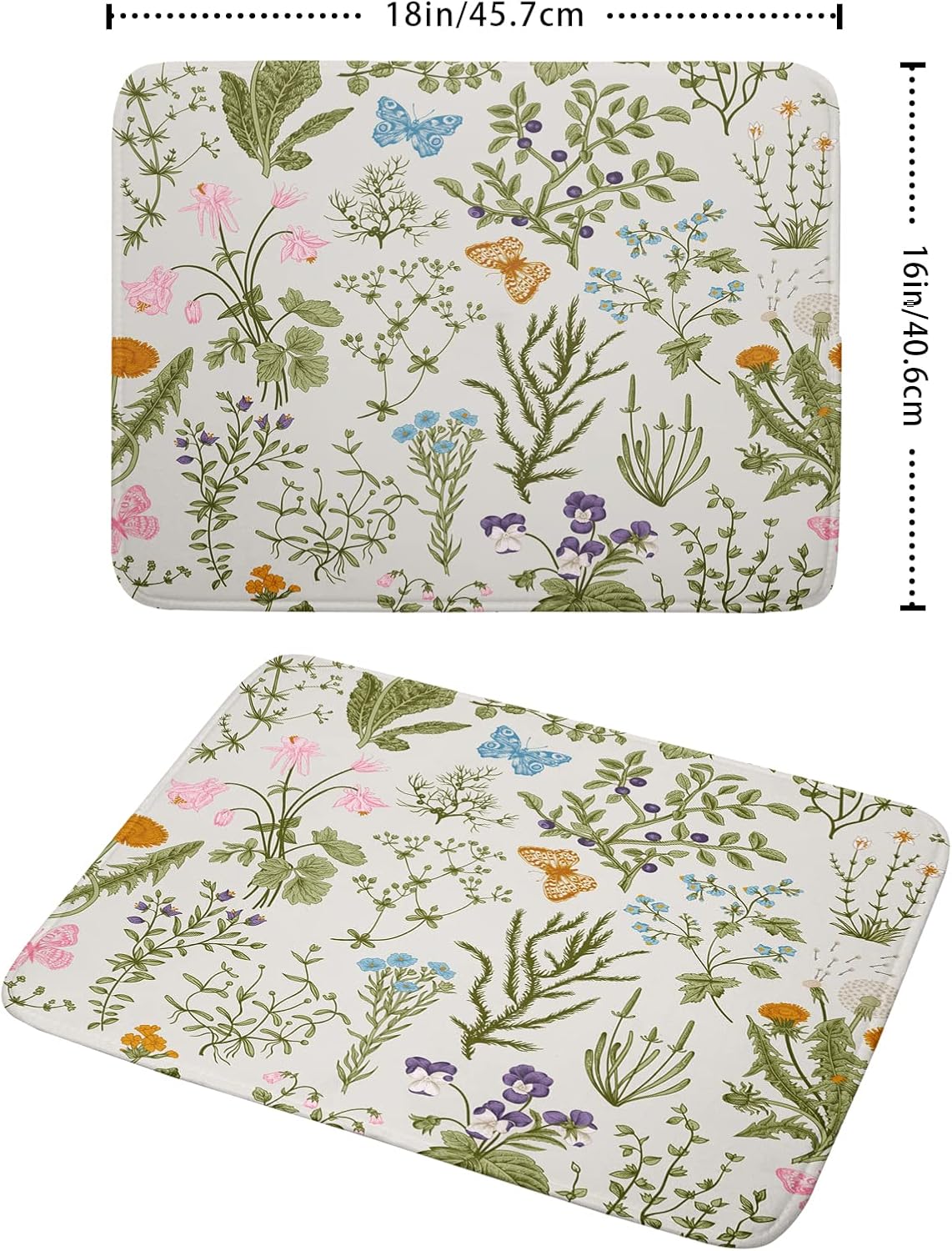 Wild Flowers Plant Dish Drying Mats for Kitchen Counter 16x18 Inch,Sage Herbs Kitchen Drying Mat,Botanical Plant Dishes Pad Dish Drainer Rack Mats Absorbent Fast Dry Kitchen Accessories