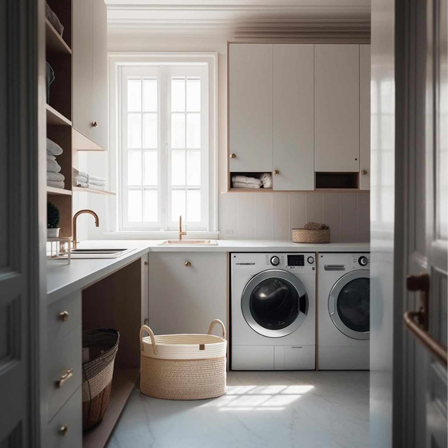 LA JOLIE MUSE Woven Basket Rope Storage Baskets - Tall Cotton Basket, Laundry Basket for Blanket, Kids Toy, Nursery Clothes Hamper Basket-S