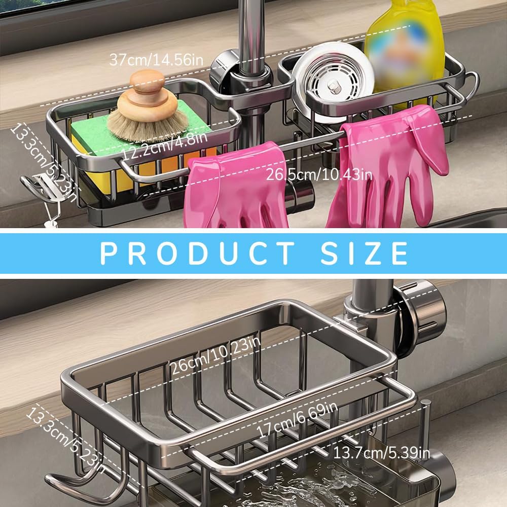 Sink Organizer Rack for Kitchen and Bathroom, 2024 New Kitchen Sink Faucet Organizer with Drip Tray Faucet Sponge Holder (Grey, Right)