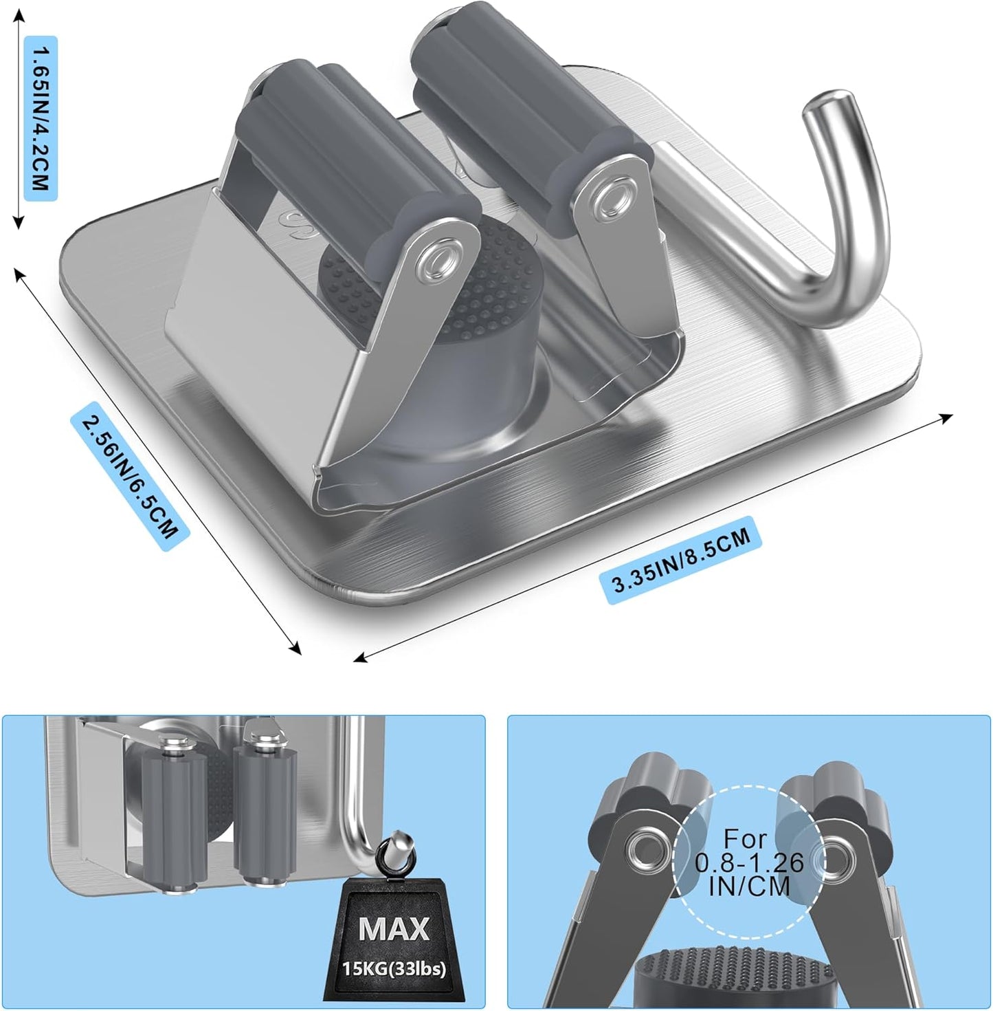 4 Pack Stainless Steel Mop and Broom Gripper with Hook, Screw Drilling or Self Adhesive Mop and Broom Holder Wall Mount, Storage Rack for Closet Laundry Garage Garden Tool Organizer, Silver