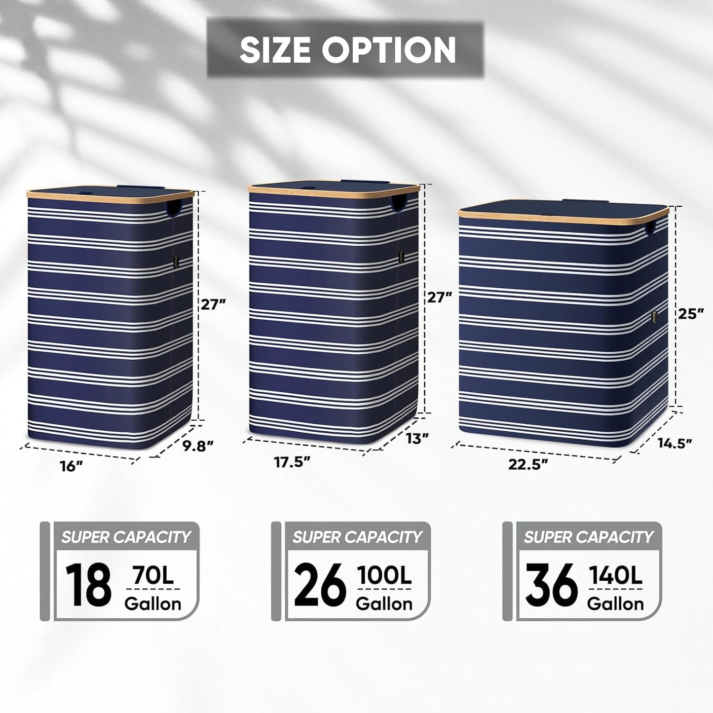 BALEINE Laundry Hamper with Lid, Tall Laundry Baskets with Bamboo Pull Handles, Large Laundry Bin with Internal Support (18 Gal/70L, Blue Pinstripe)
