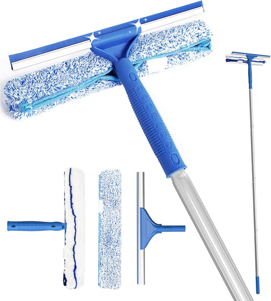 Squeegee for Window Shower Glass Door Cleaning, VOUBIEN Household Squeegee Window Cleaner 2 in 1 Kit with Long Handle, Microfiber Scrubber for Window, Glass Door, Car, Home Floor