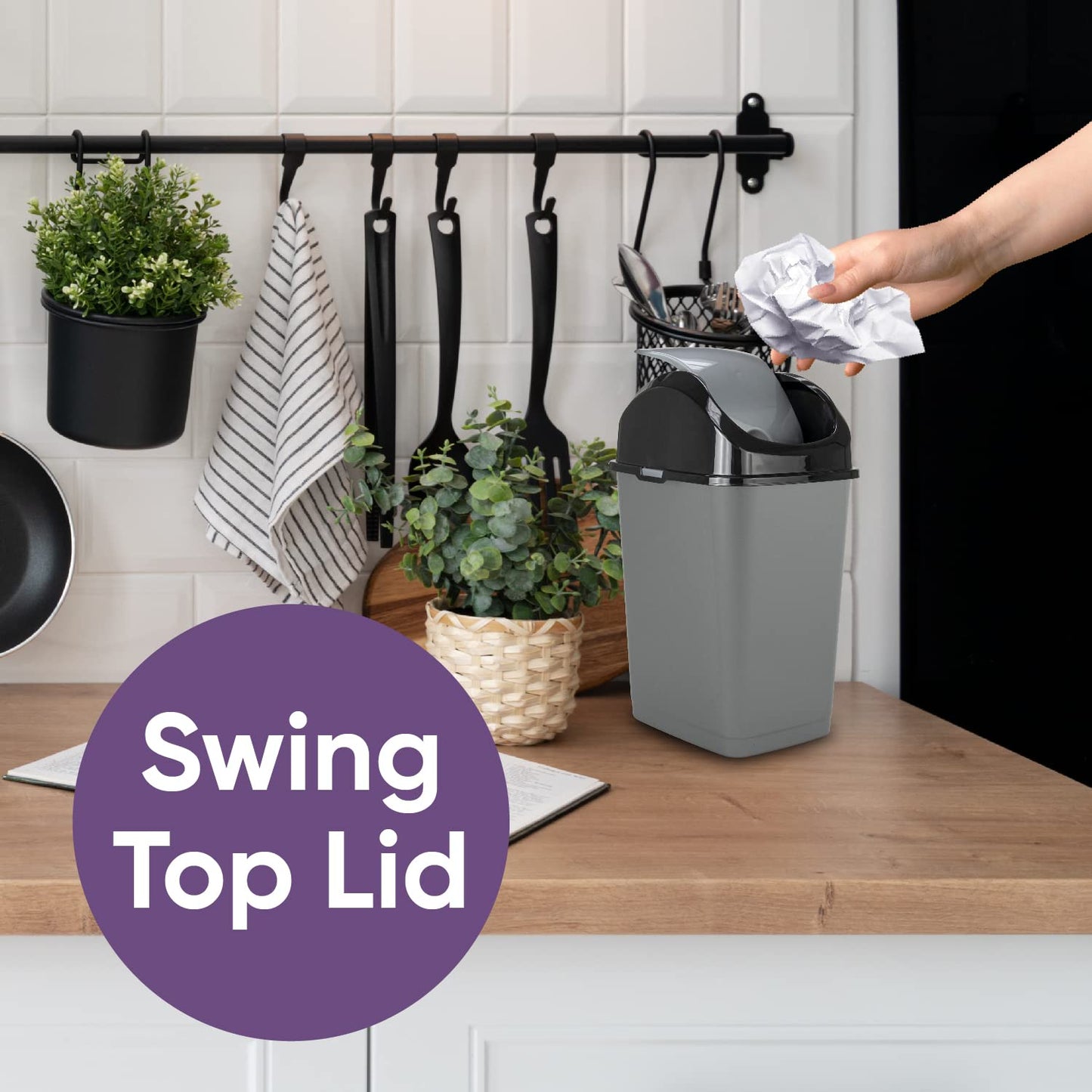 Superio Mini Plastic Trash Can with Swing Top Lid 1.25 Gallon Compact Small Waste Bin Portable Garbage Can for Countertop, Desktop, Make up Vanity, Bathroom, Car, Under Sink, Dorm 5 Qt (Grey/Black, 2)