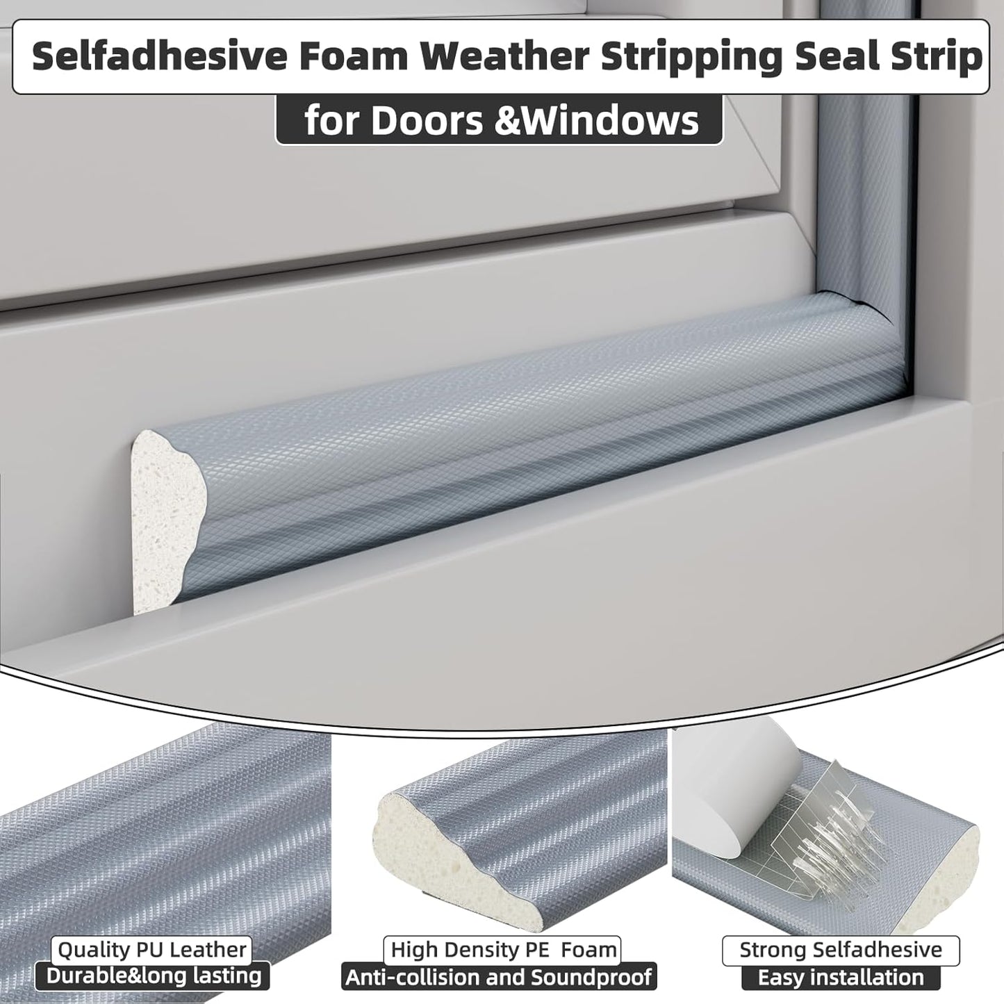 9.8 Ft Weather Stripping Seal Strip for Doors/Windows,Soundproofing Window Insulation Draft Stopper for Winter, Selfadhesive Foam Weather Strip for Door Frame,Door Gap Filler Noise Blocker(Gray)