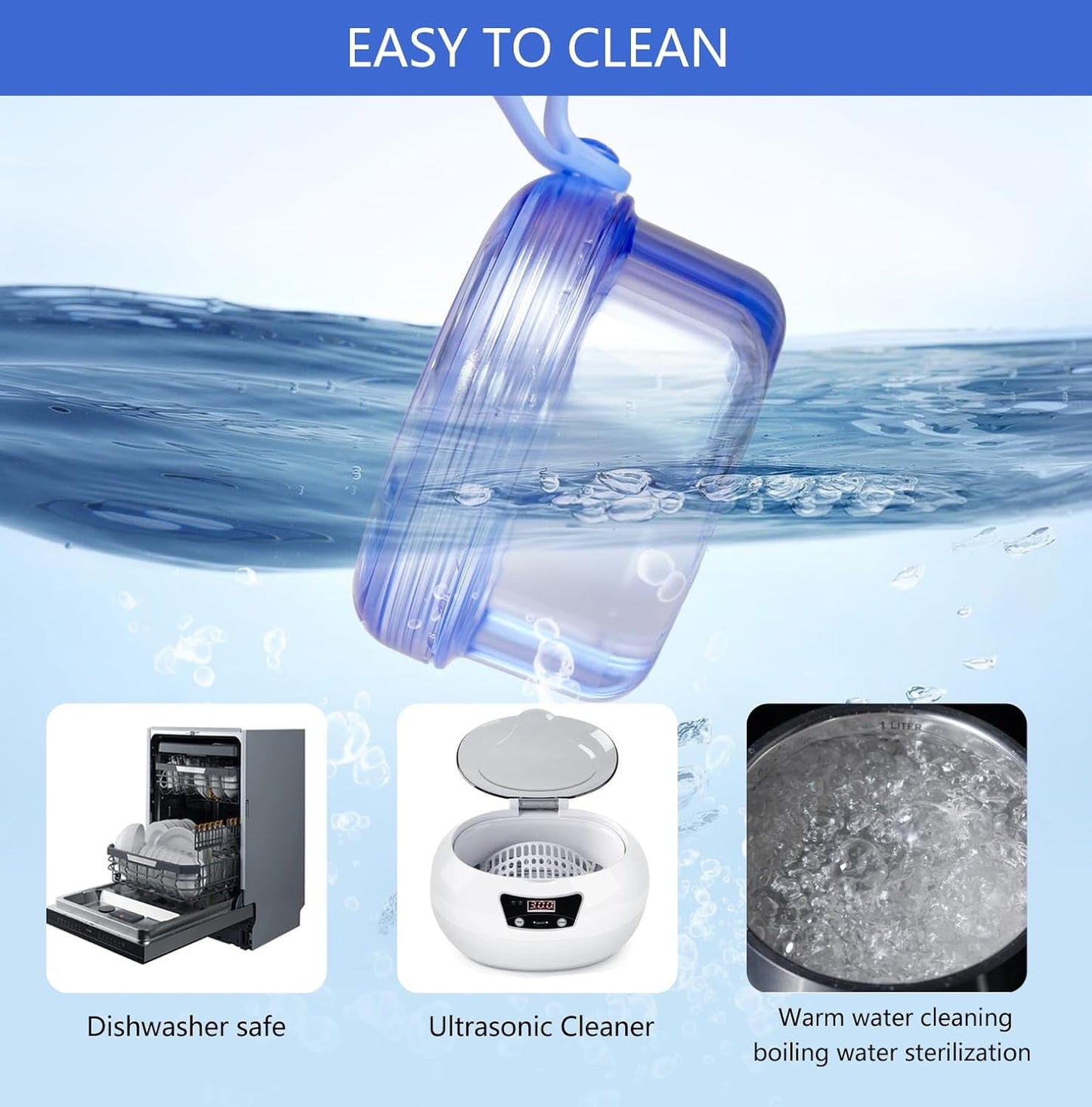 Leak Proof Portable Denture Bath Case Denture Cleaning Cup, False Teeth Holder Mouthguard Night Guard Container Box Retainer Soaking Case for Travel, Household, Office - Transparent Blue