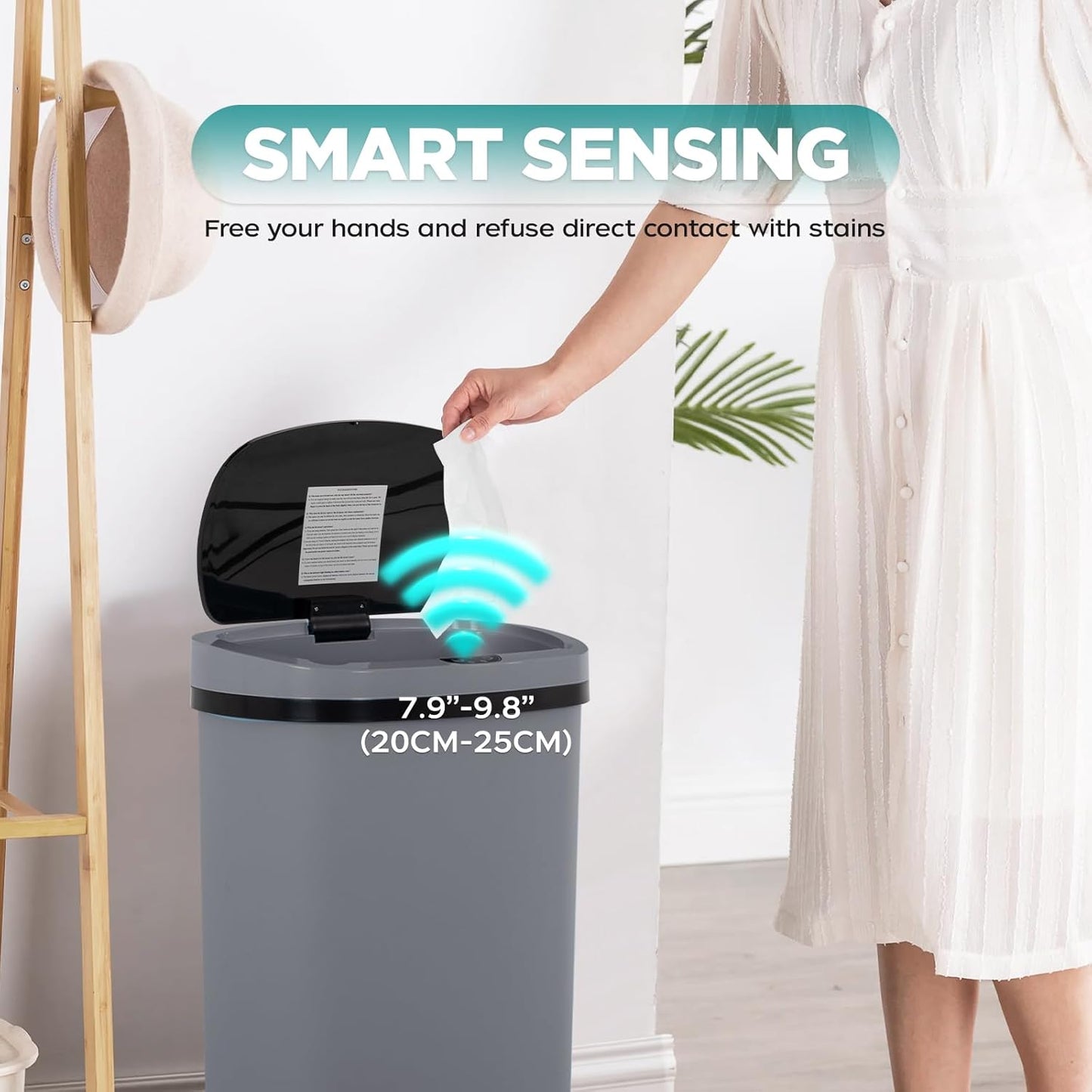 Automatic Motion Sensor Bathroom Trash Can with Lid, 13 Gallon Touchless Trash Bin, Smart Dog Proof Garbage Can, Touch Free Waste Basket for Toilet, Office, Bedroom,Gray