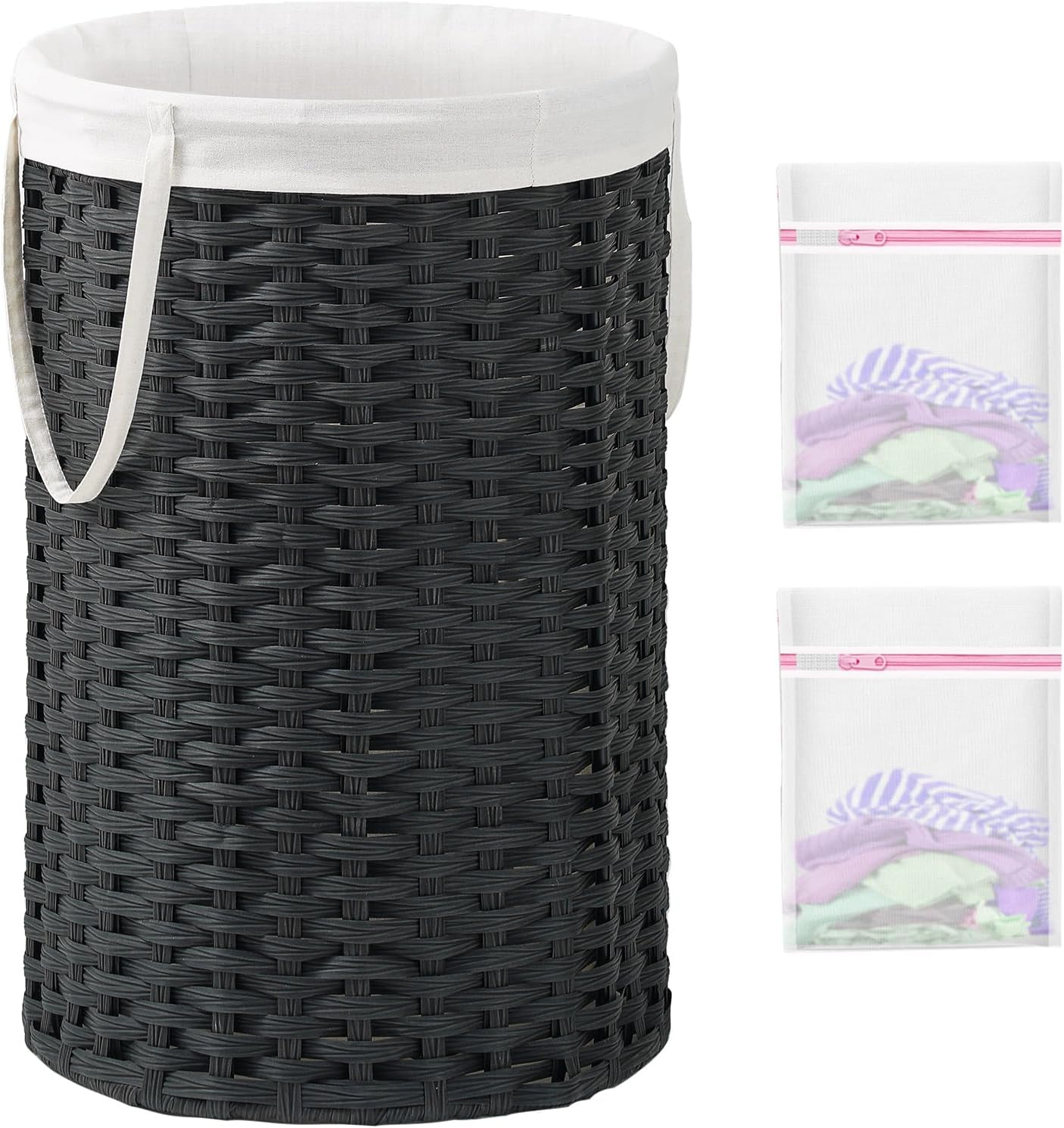 34.3 Gal (130 L) Large Laundry Hamper Laundry Basket Round Handwoven Wicker Laundry Baskets Rattan Laundry Basket with Removable Bag Handles 2 Mesh Bags for Living Room Bedroom Black